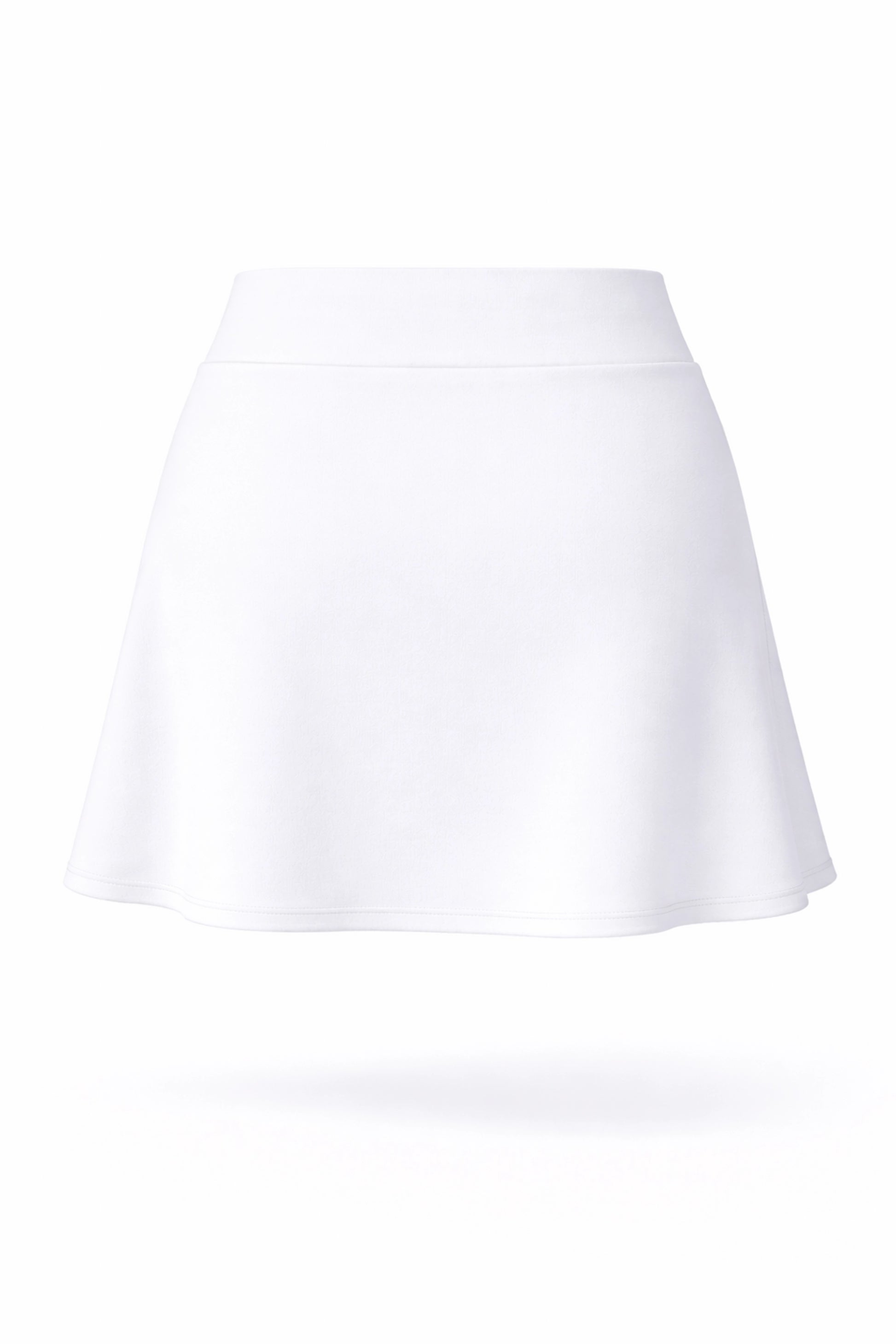 Back view of women’s bright white A-line golf skort with high-rise waistband