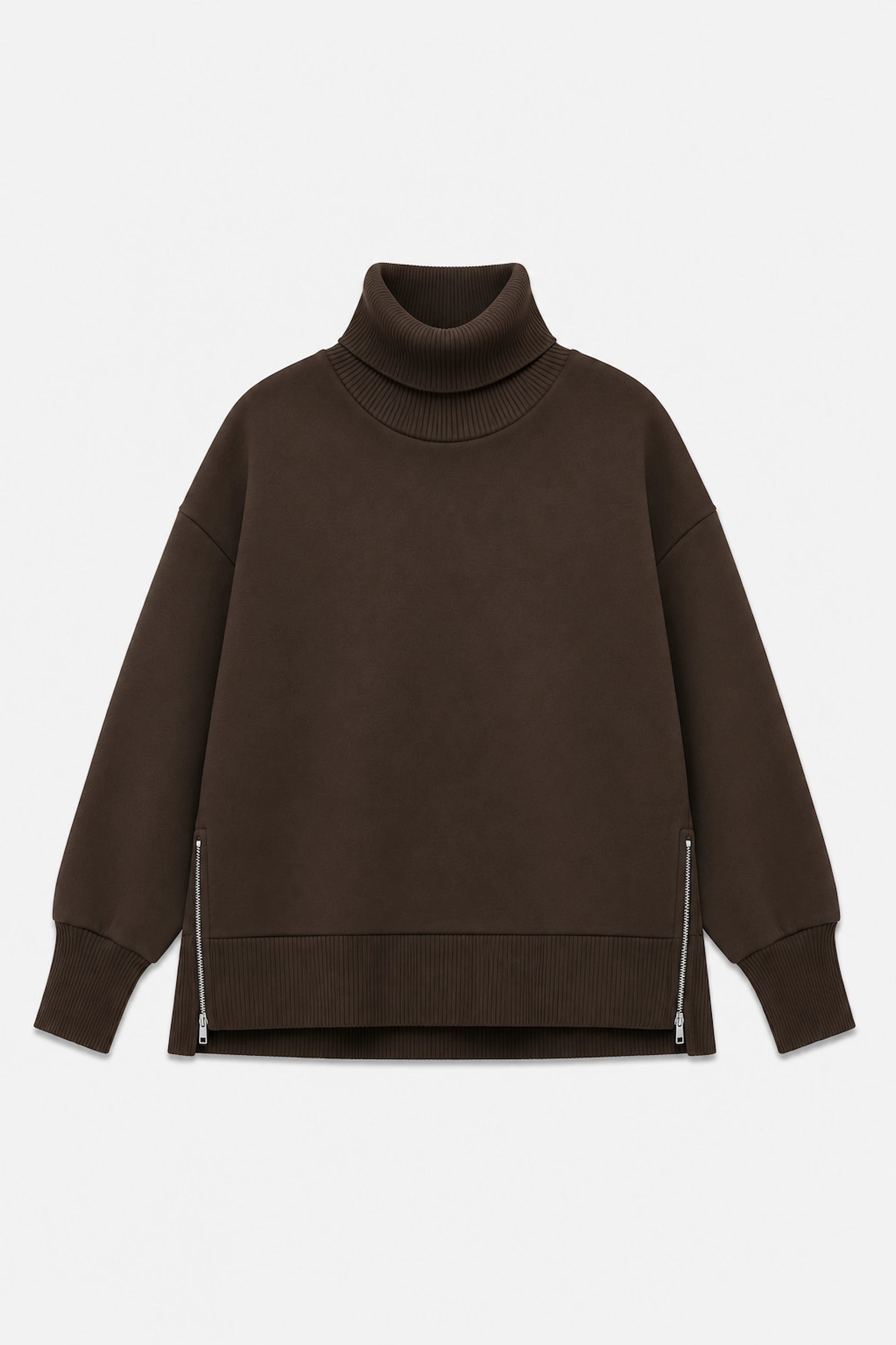 Front flat lay of women’s brown funnel-neck pullover with ribbed detailing and side zippers