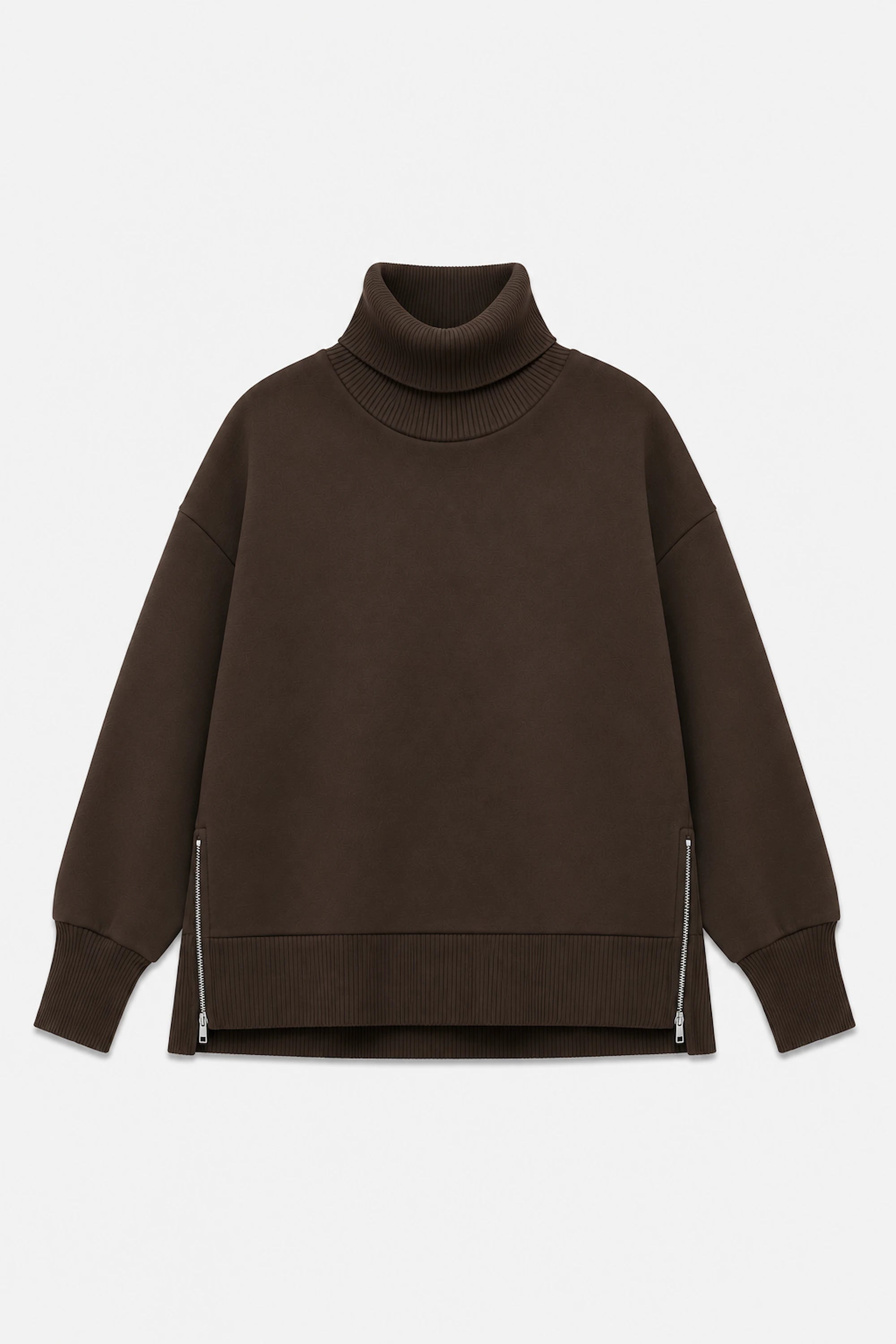 Front flat lay of women’s brown funnel-neck pullover with ribbed detailing and side zippers