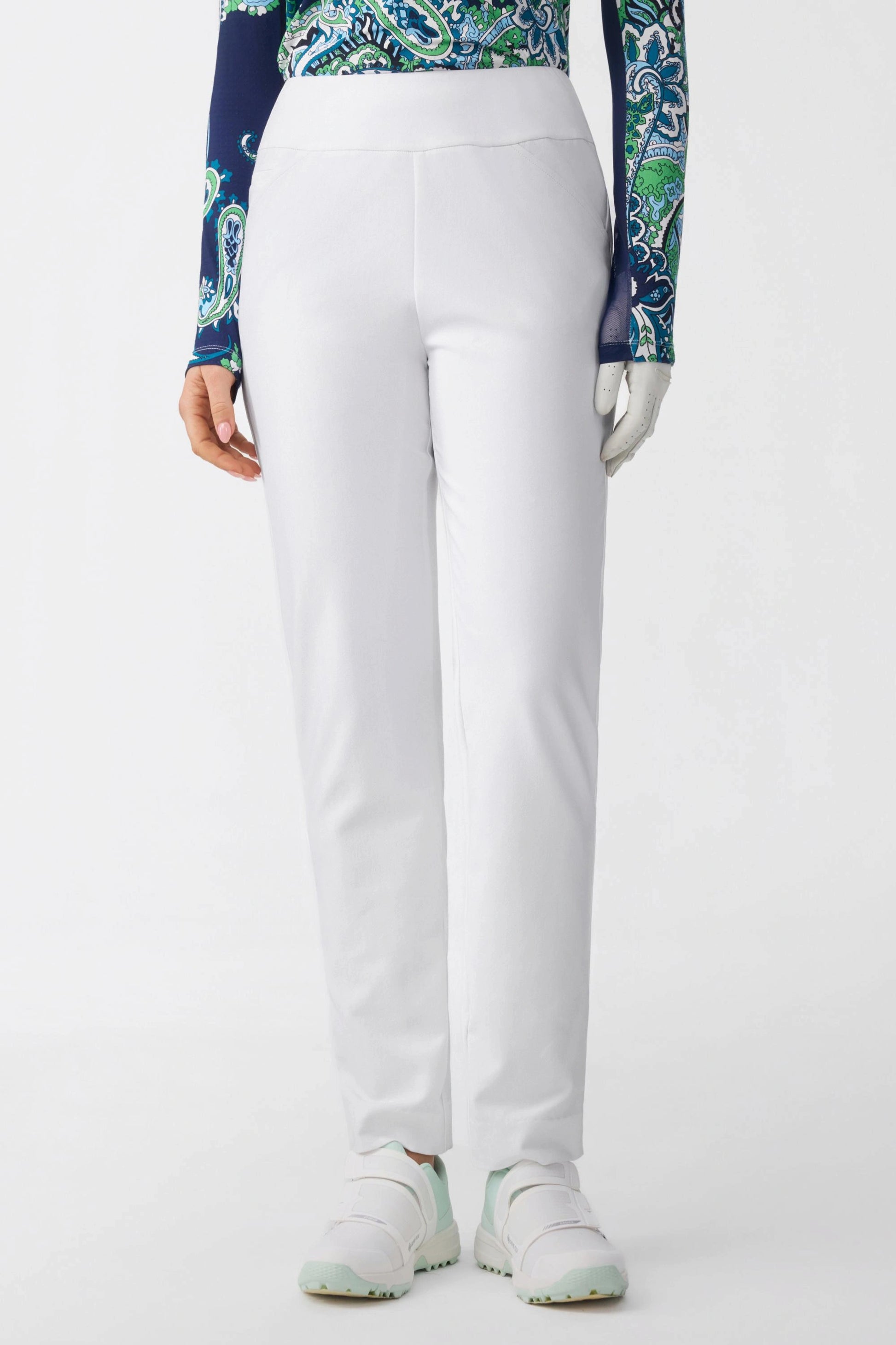Front view of women’s cloudline 4-way stretch tapered golf pants with pull-on waistband