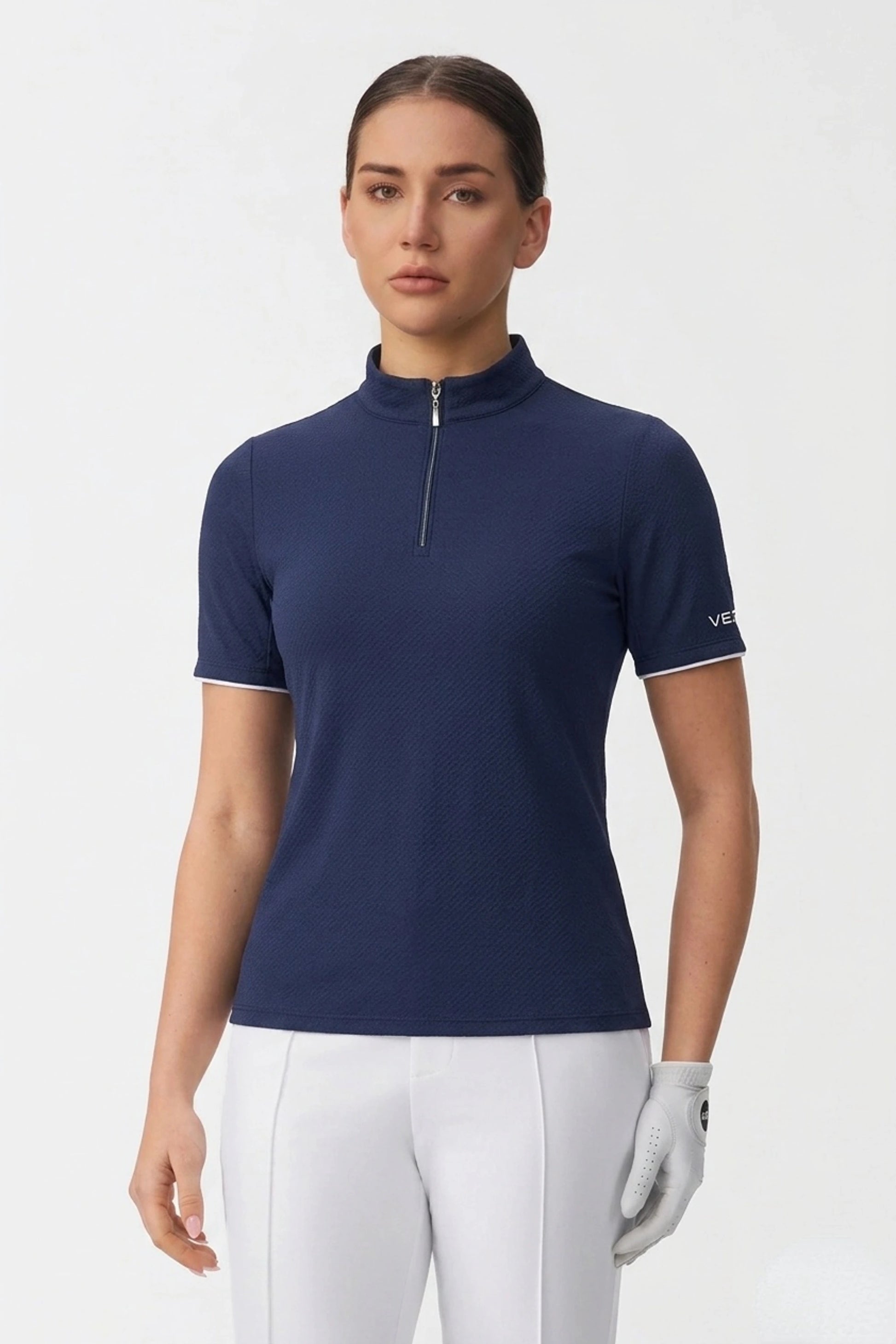 Women’s Contour Zip-Neck Golf Top in Navy with a fitted silhouette and lightweight performance fabric
