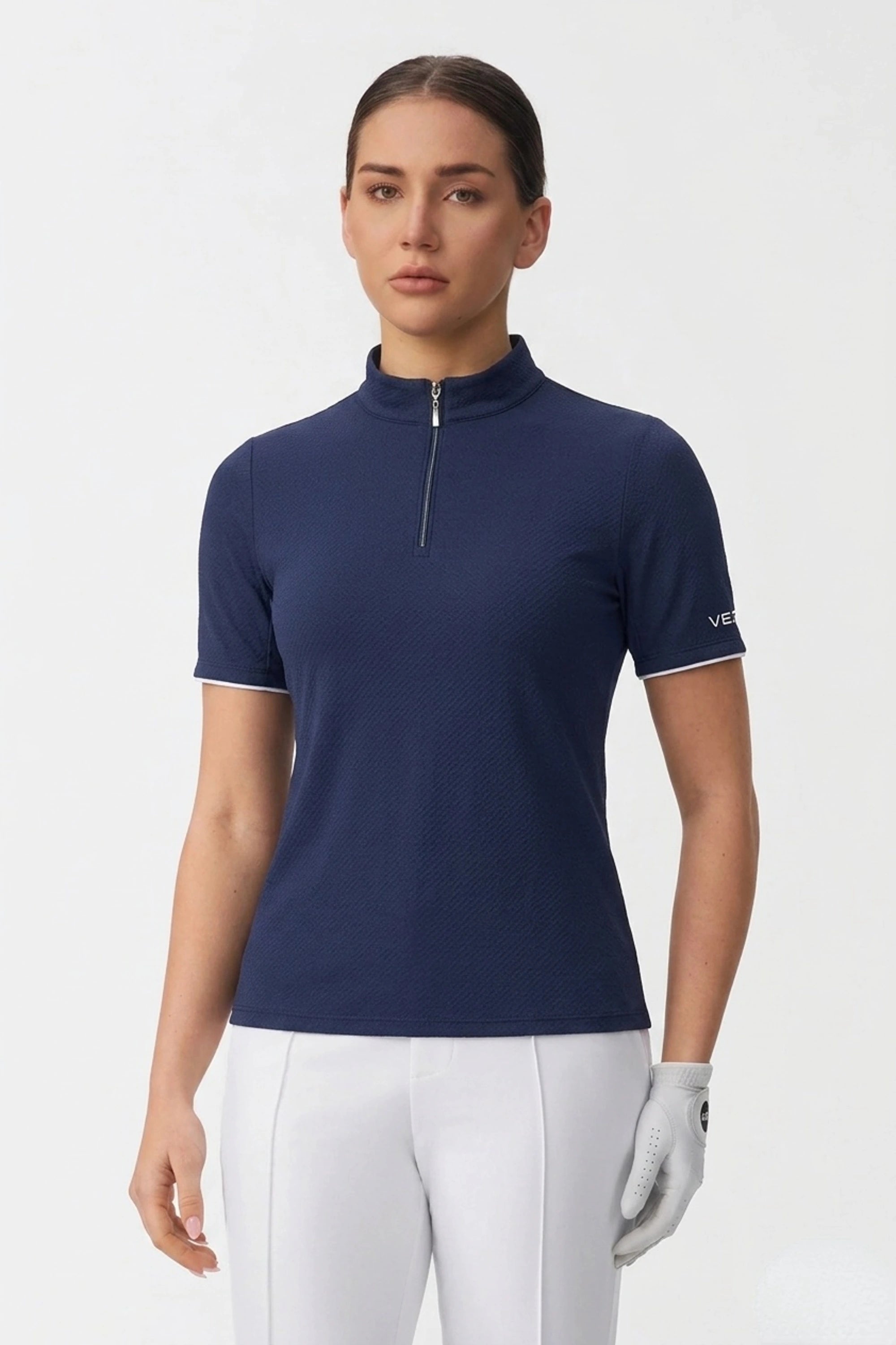 Women’s Contour Zip-Neck Golf Top in Navy with a fitted silhouette and lightweight performance fabric