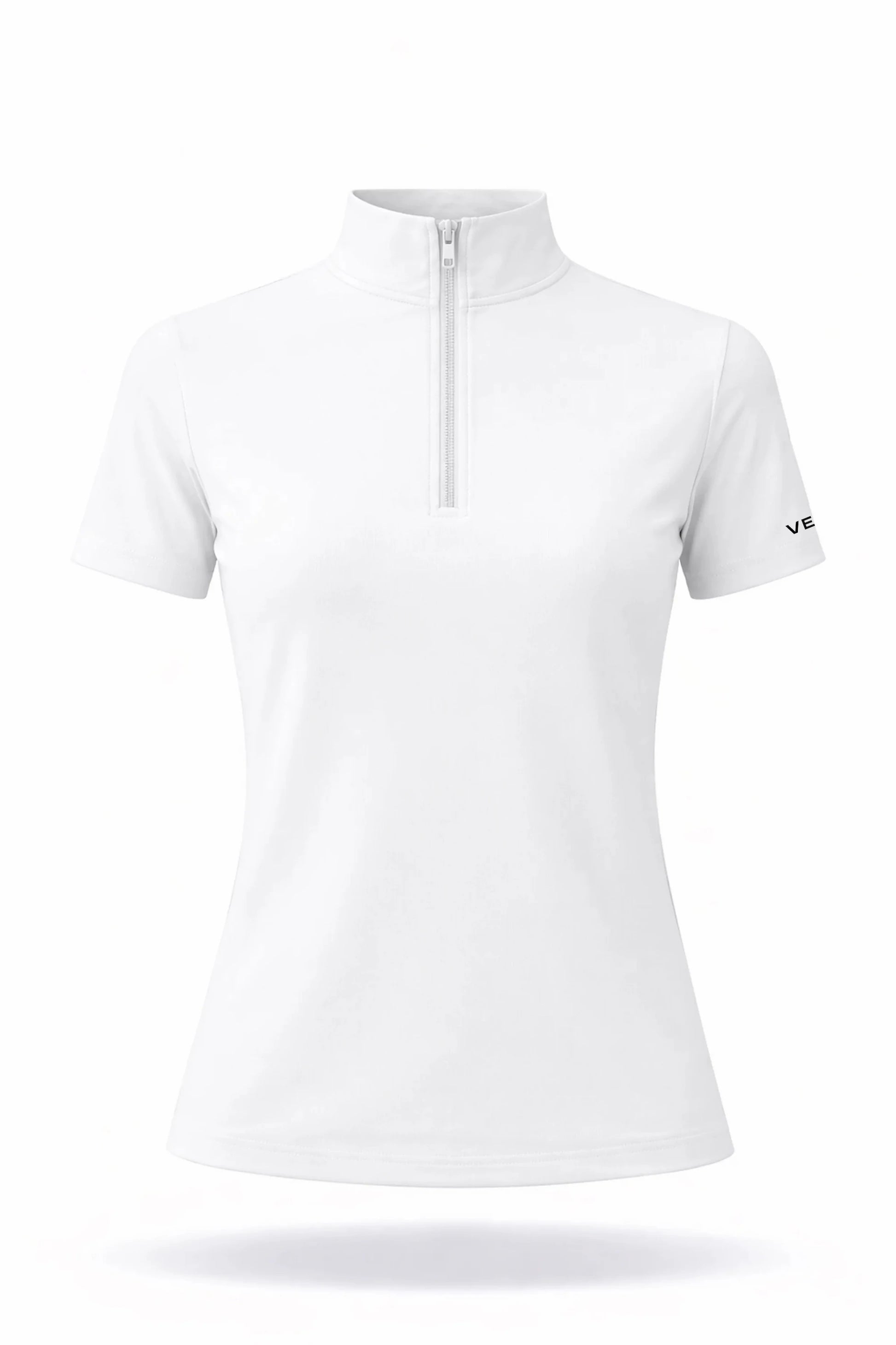 White contour zip neck golf top with a streamlined athletic fit and short sleeves