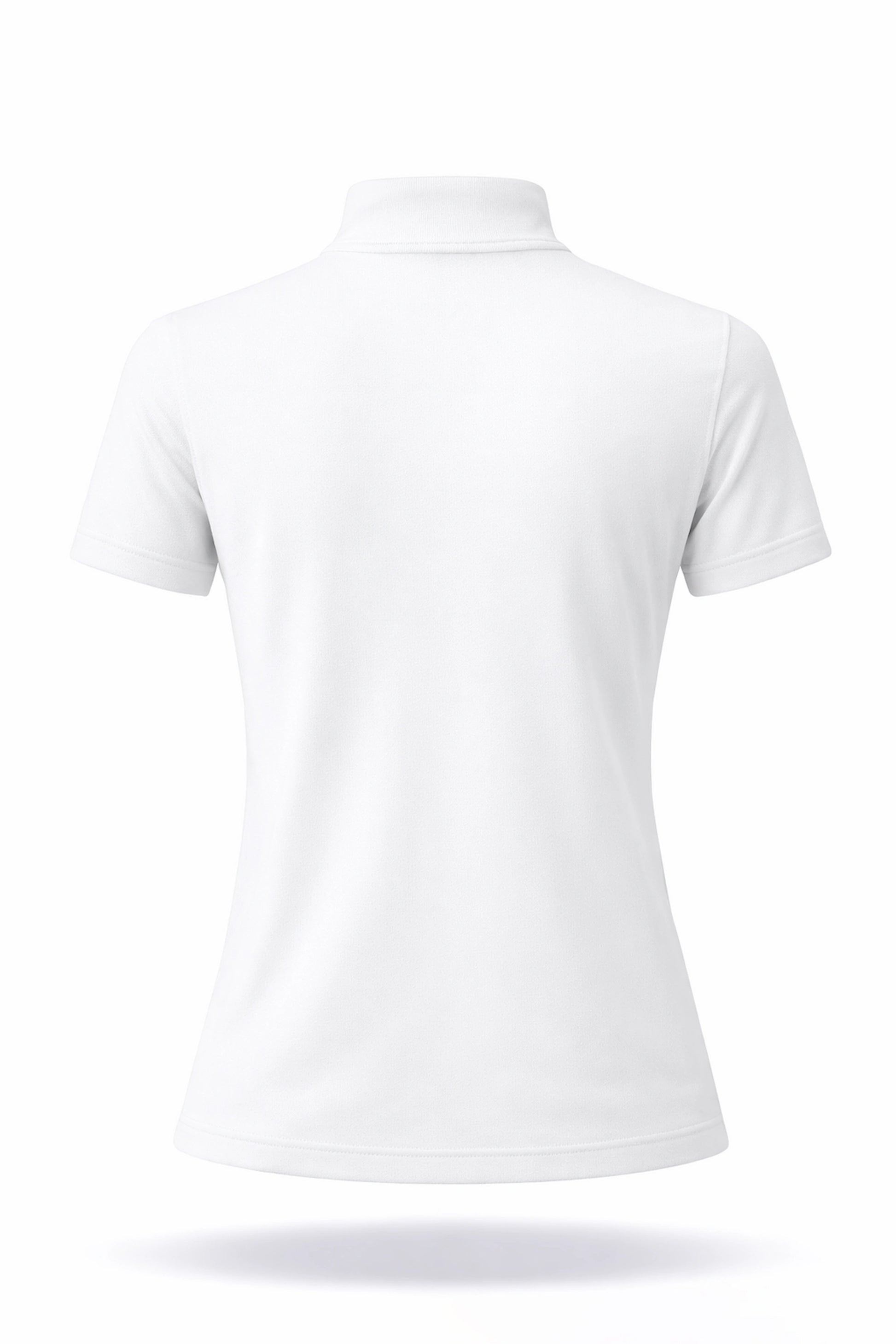 Back view of a white contour zip neck golf top with a sleek fitted silhouette
