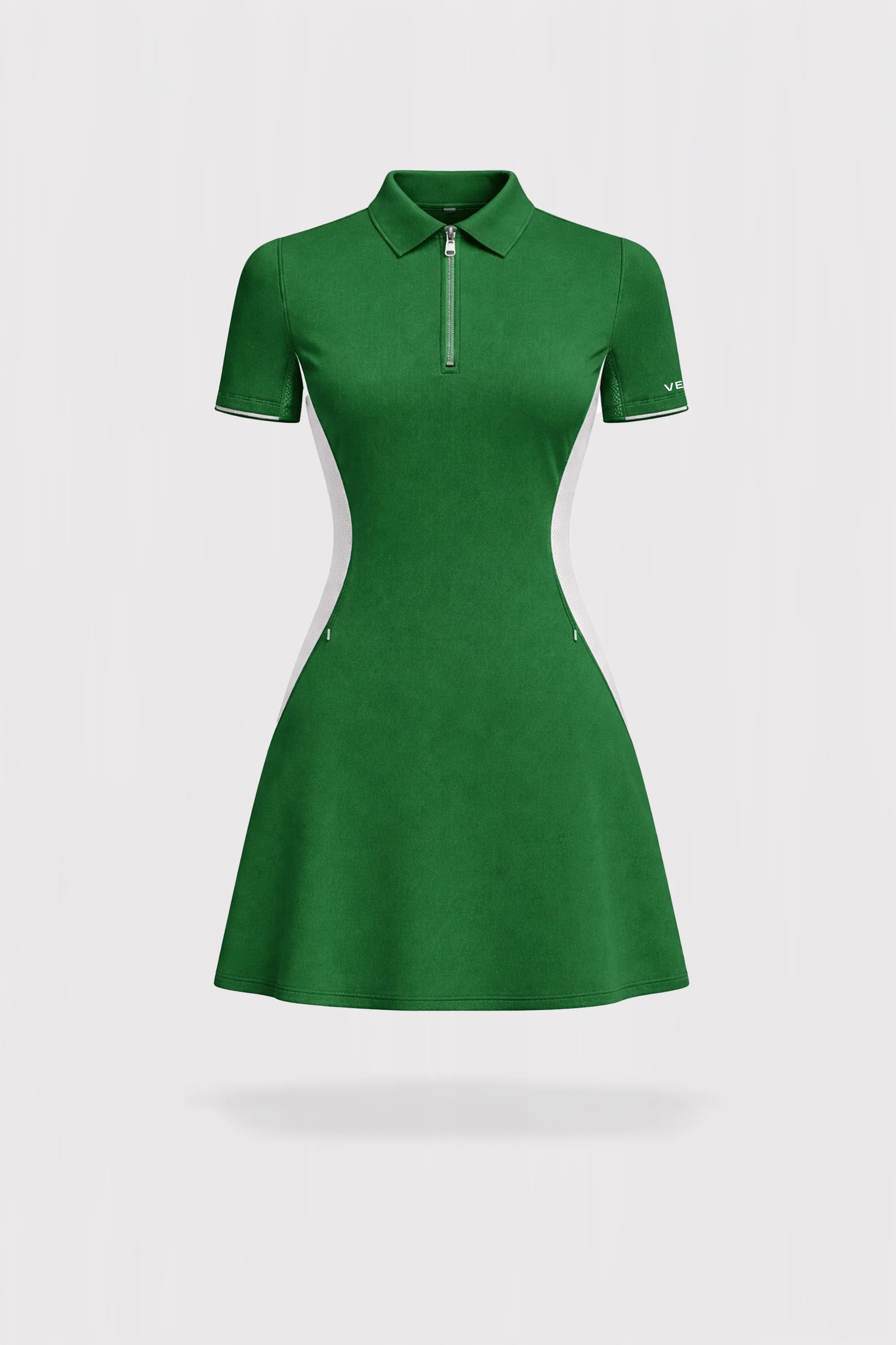Women’s green contour zip polo golf dress with a sculpted athletic fit and modern zip polo neckline