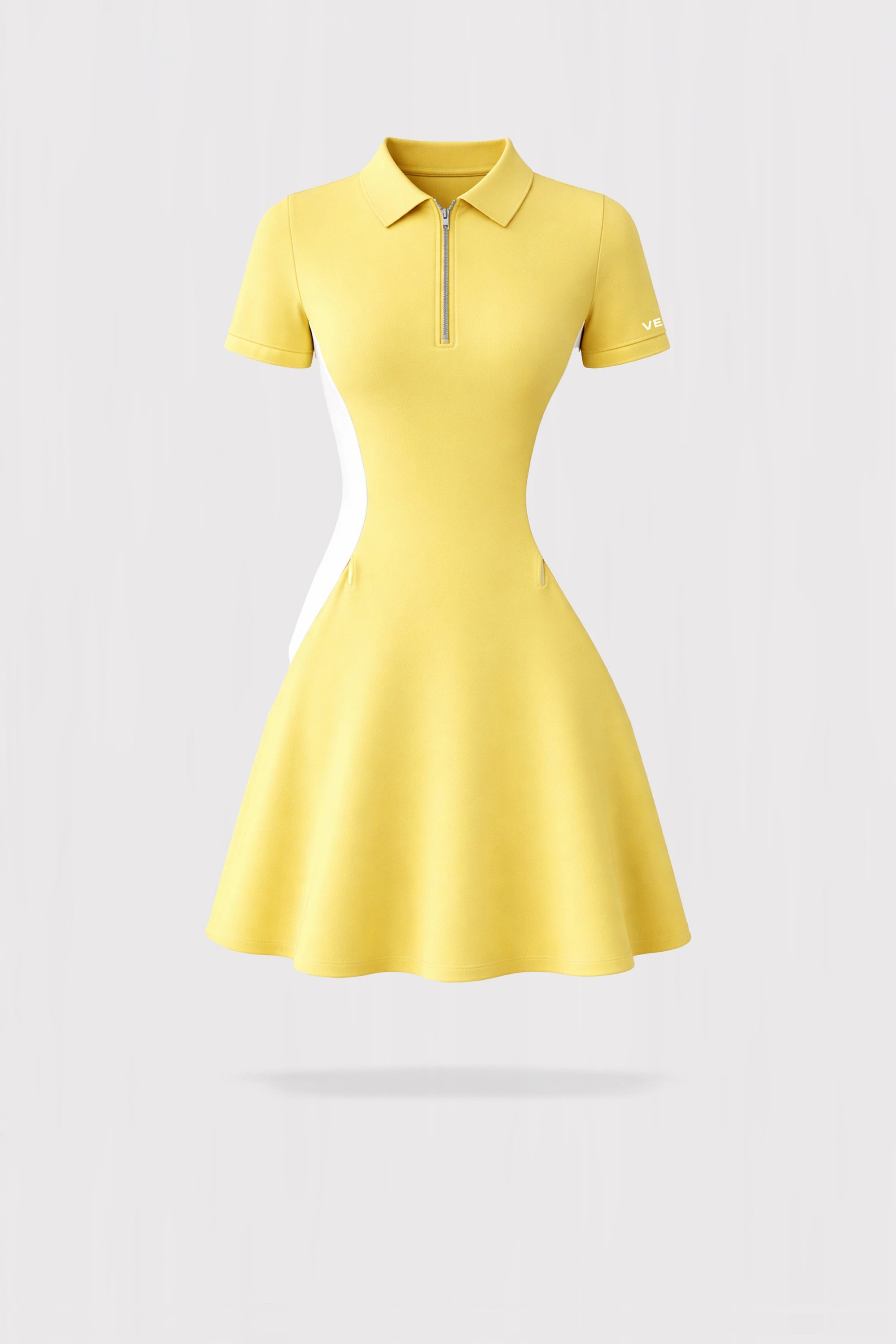 Women’s yellow contour zip polo golf dress with a sculpted athletic fit and modern zip polo neckline