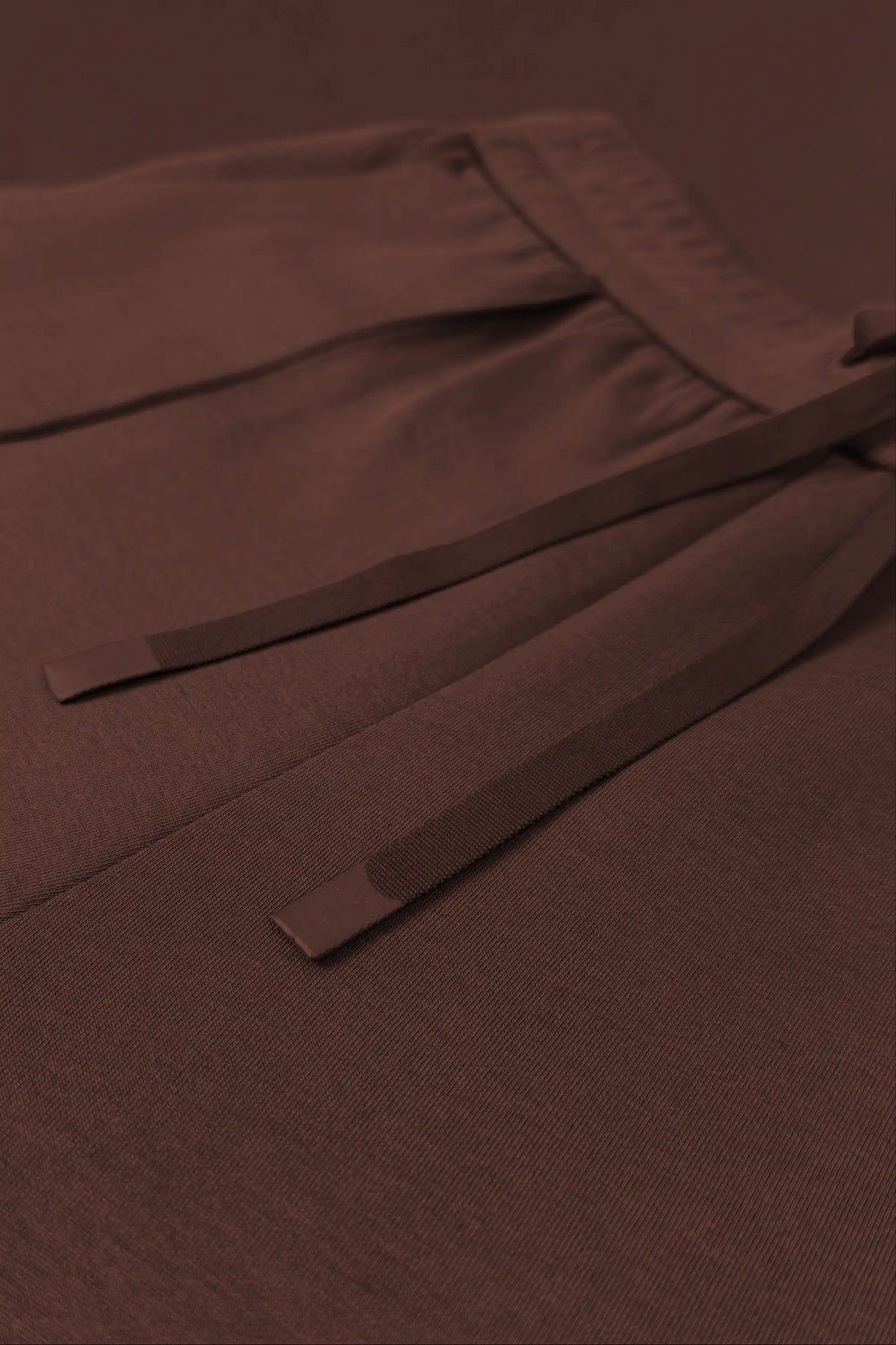Close-up of women’s Rich Cocoa jogger pants showing the drawstring waist and matching drawcords