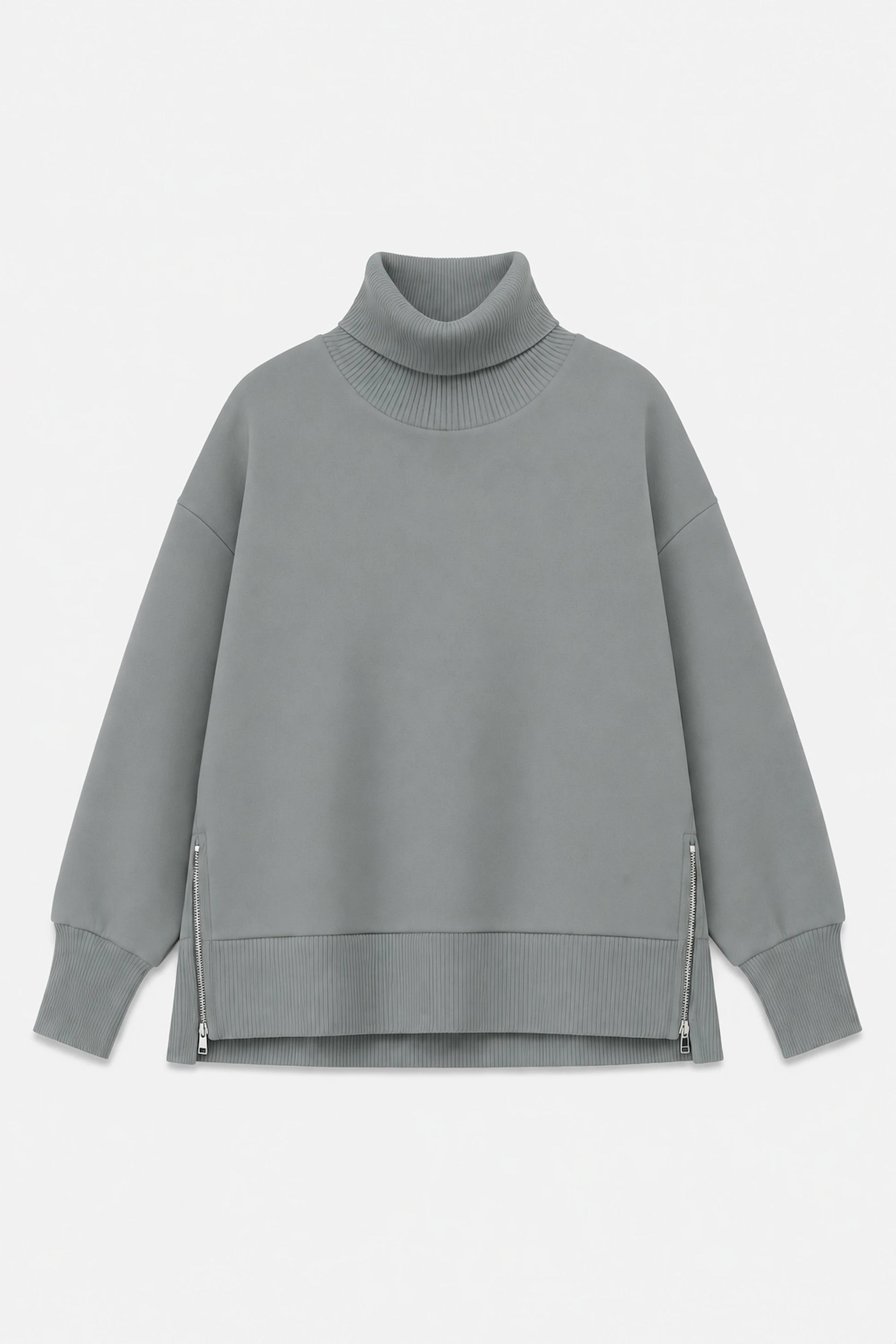 Women’s sage grey funnel-neck pullover with ribbed trims and side zip details shown in flat lay view