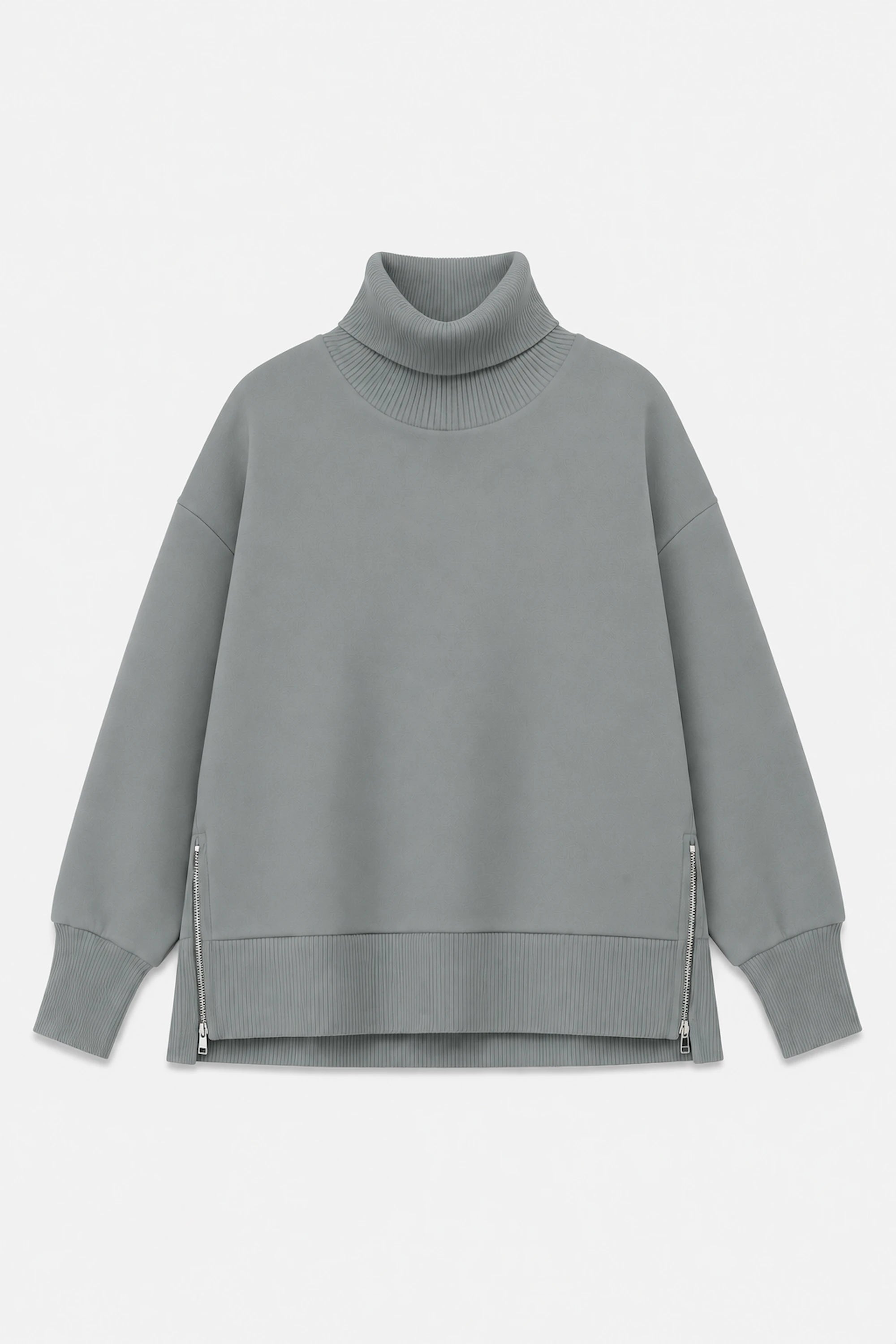Women’s sage grey funnel-neck pullover with ribbed trims and side zip details shown in flat lay view