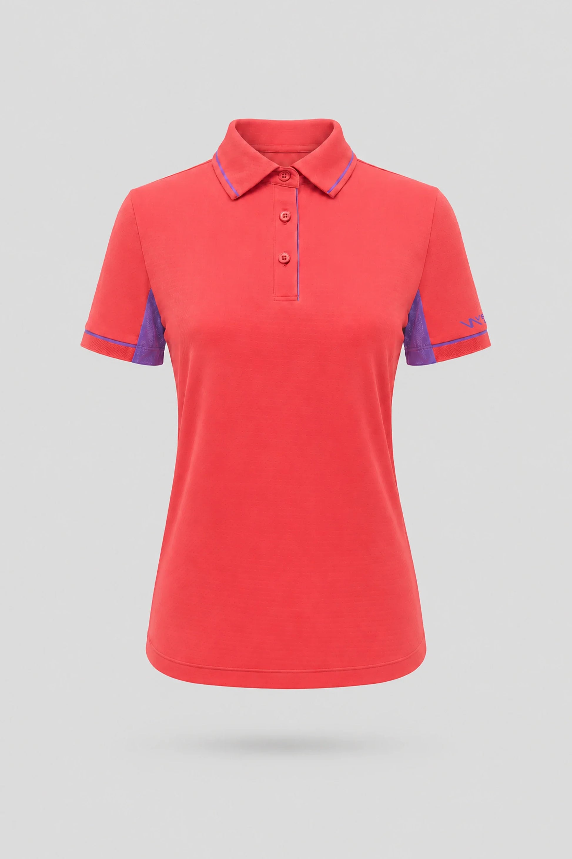 Women's coral red golf polo with tailored fit, contrast trim detailing, and breathable performance fabric
