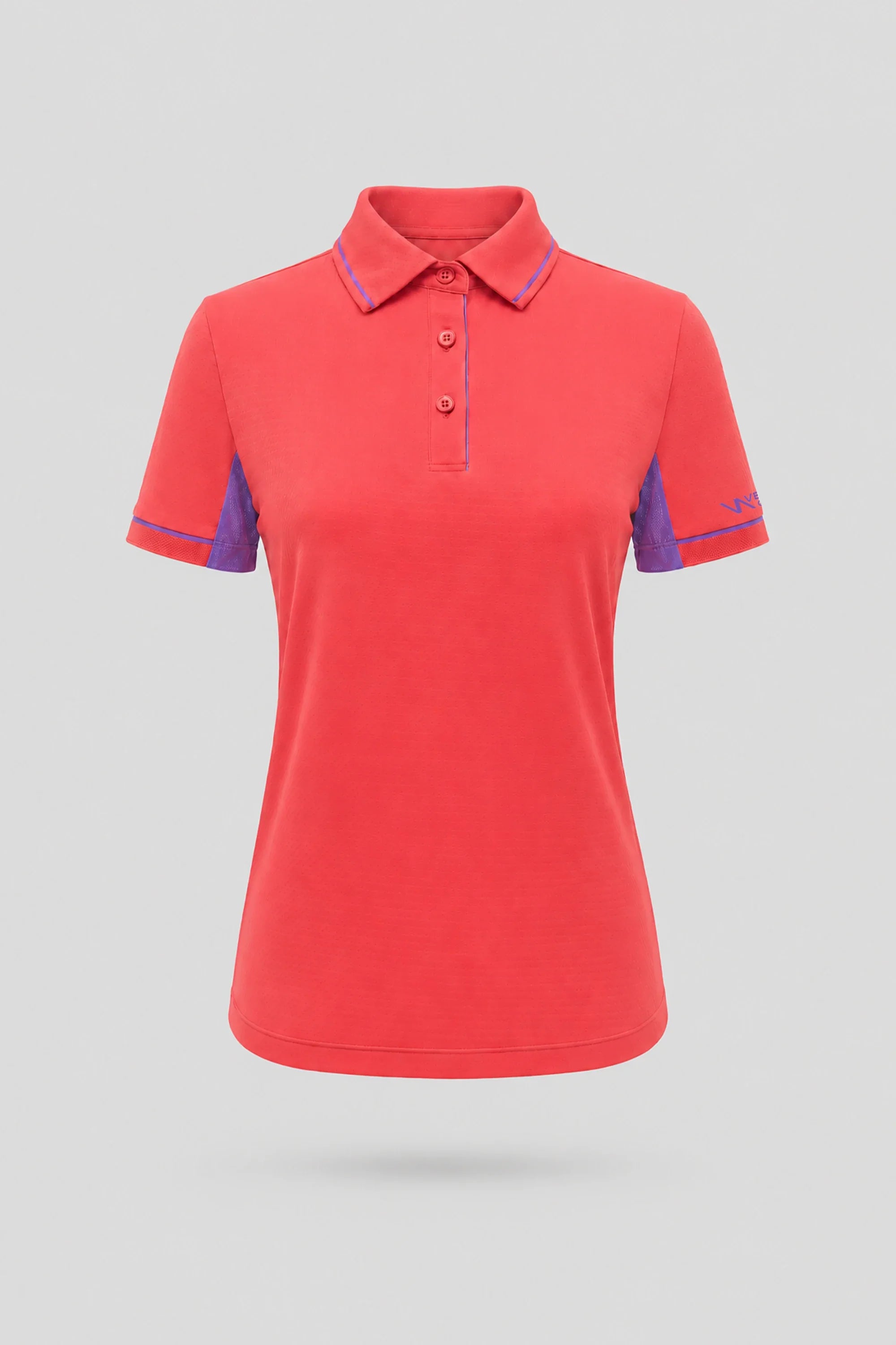 Women's coral red golf polo with tailored fit, contrast trim detailing, and breathable performance fabric