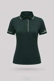 Women's Evergreen golf polo with tailored fit, subtle contrast detailing, and breathable mesh sleeve panels