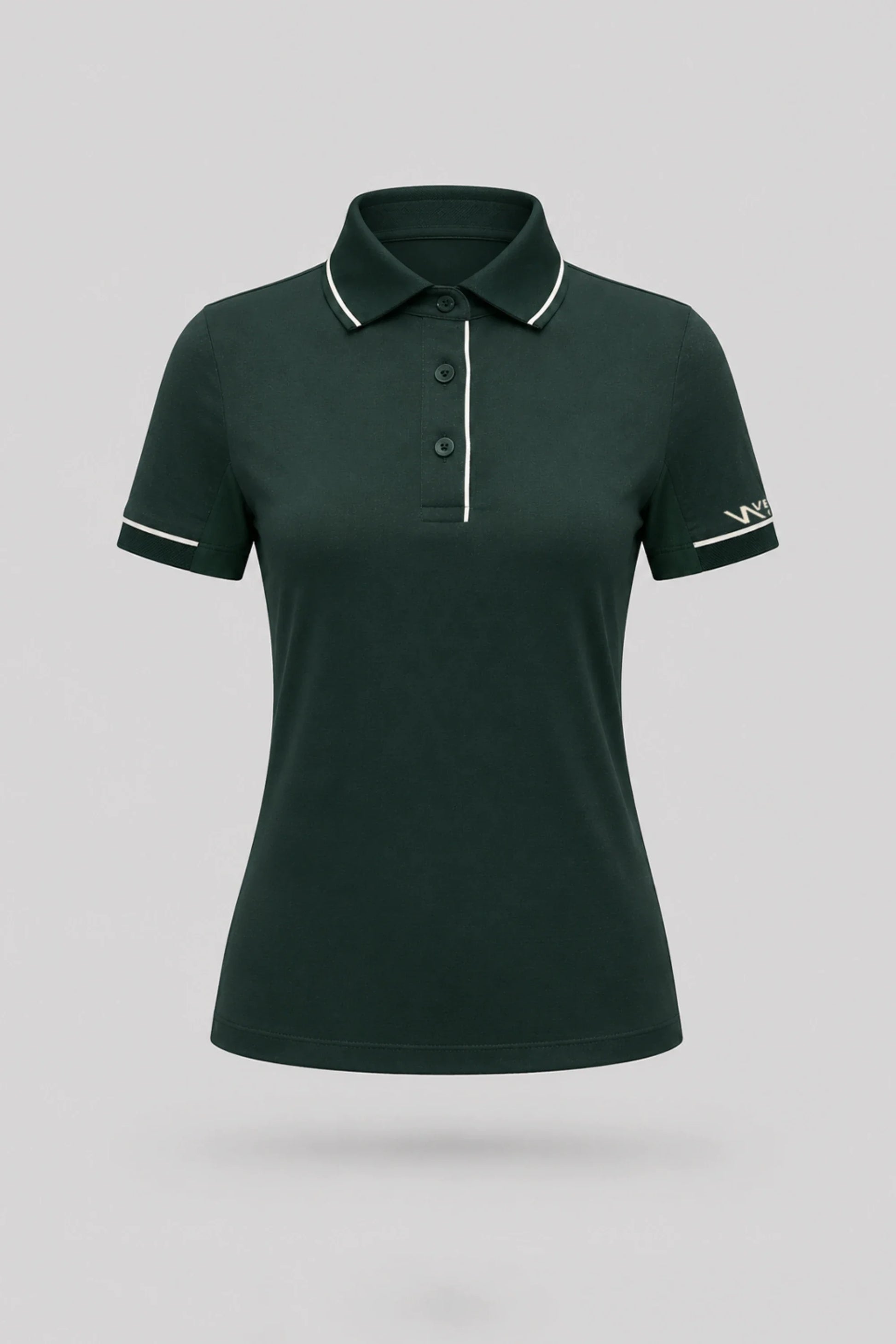 Women's Evergreen golf polo with tailored fit, subtle contrast detailing, and breathable mesh sleeve panels
