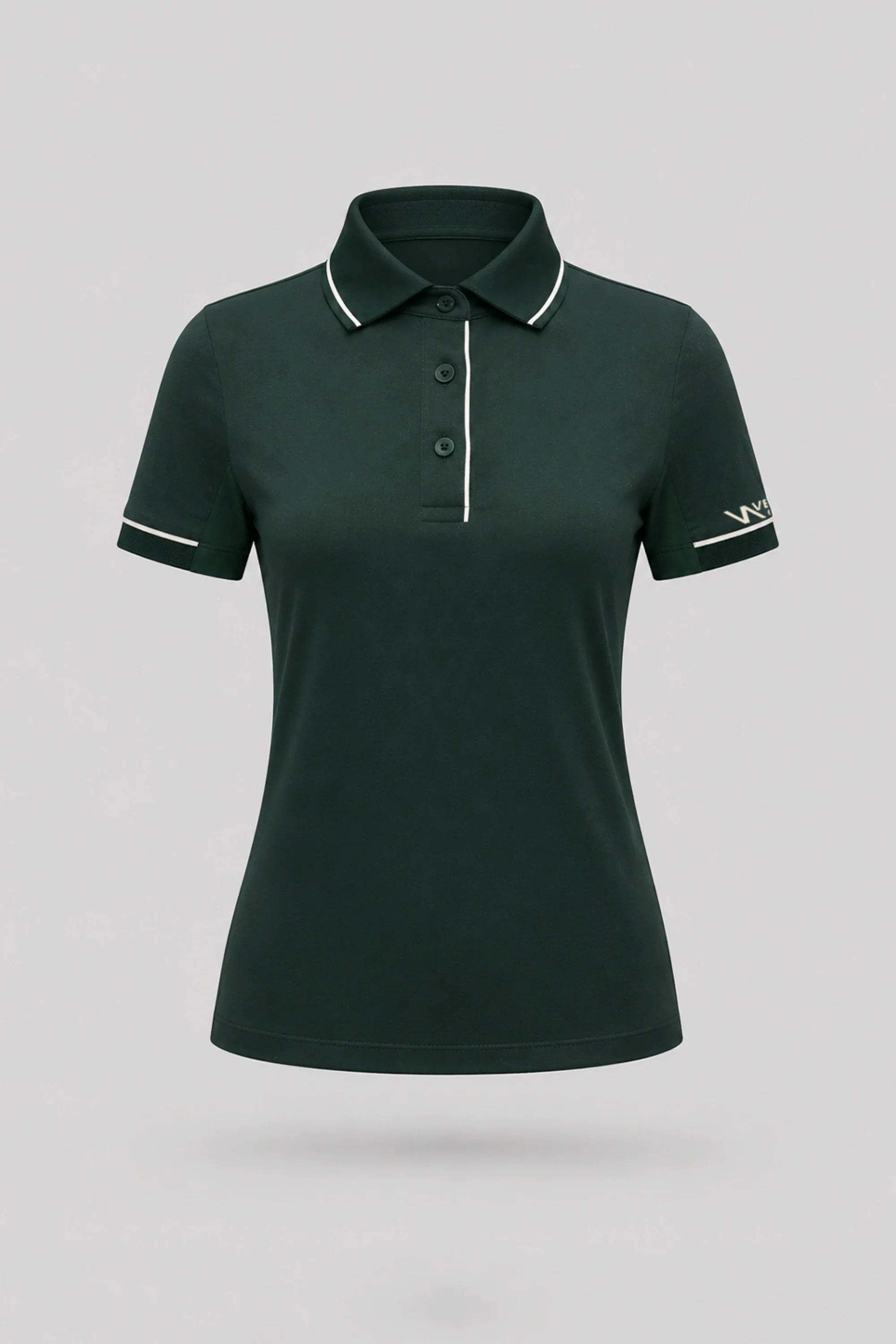 Women's Evergreen golf polo with tailored fit, subtle contrast detailing, and breathable mesh sleeve panels