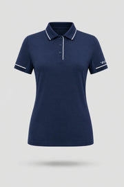 Women's midnight navy golf polo with tailored fit, contrast piping, and breathable performance fabric