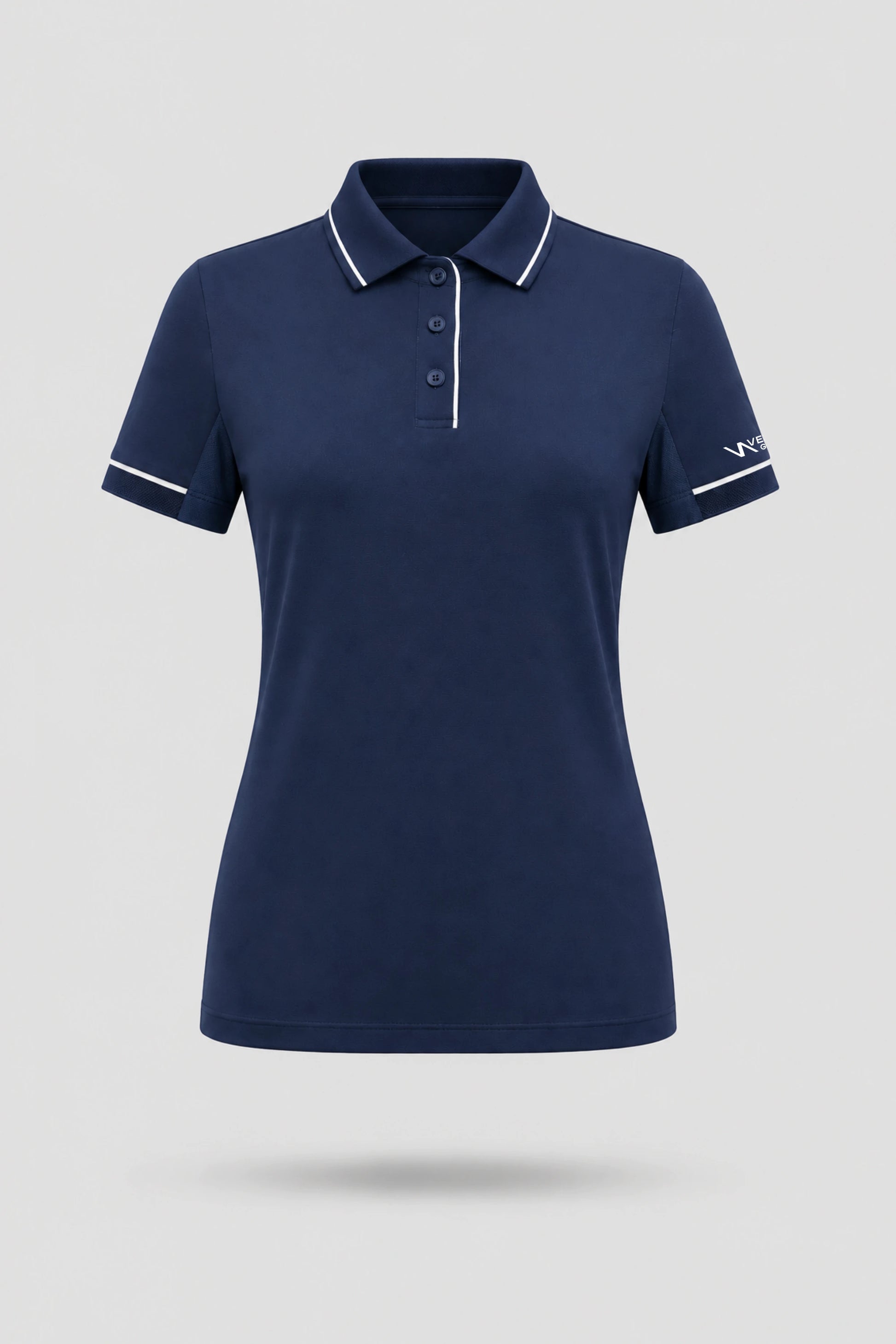 Women's midnight navy golf polo with tailored fit, contrast piping, and breathable performance fabric
