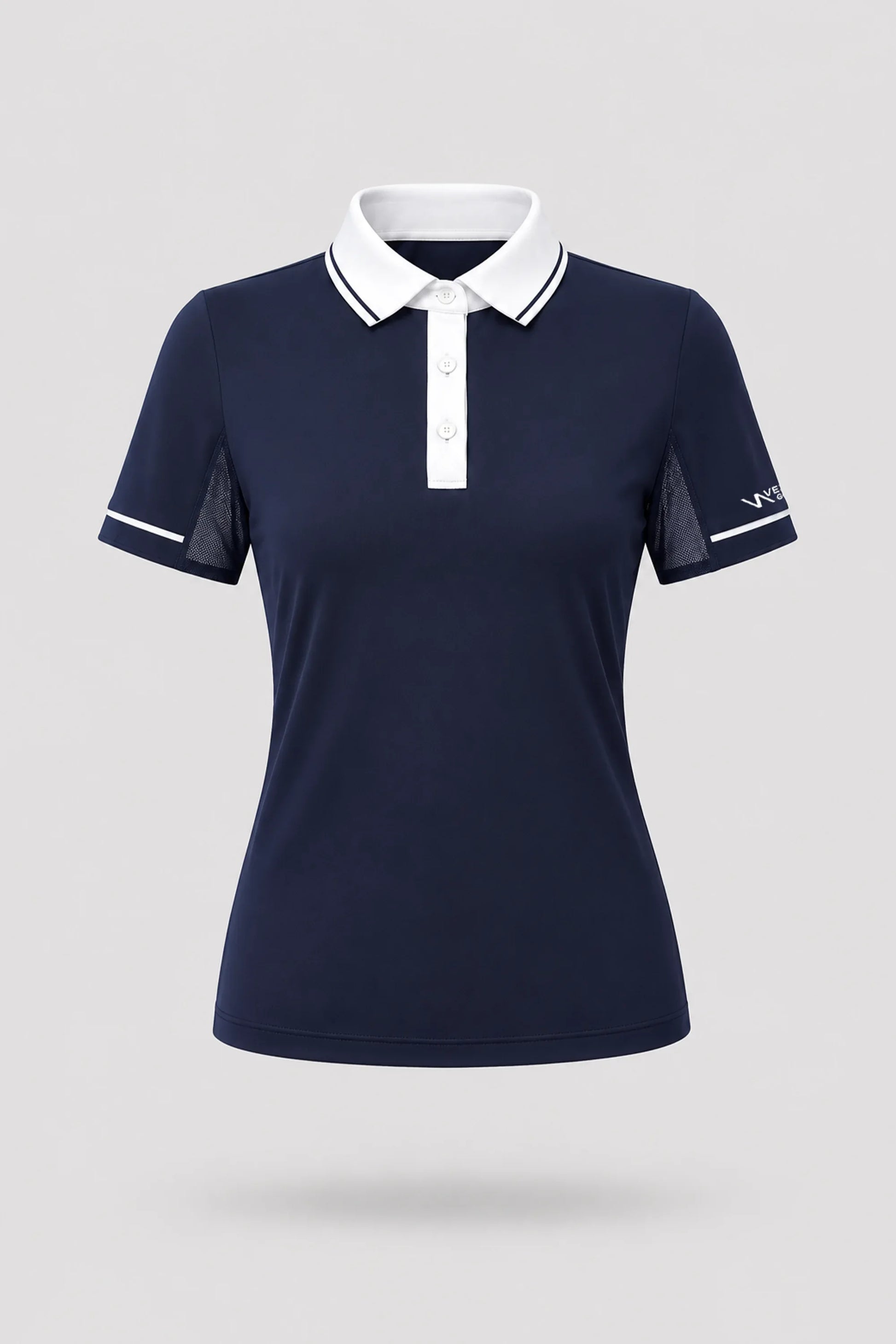 Women's midnight navy golf polo with tailored fit, contrast trim, and breathable performance fabric