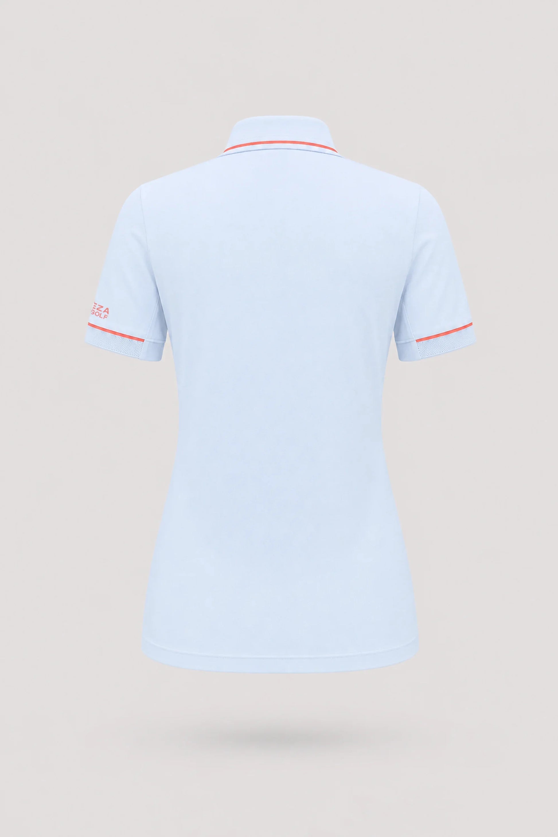 Back view of women's light blue golf polo with breathable mesh sleeve panels and tailored fit