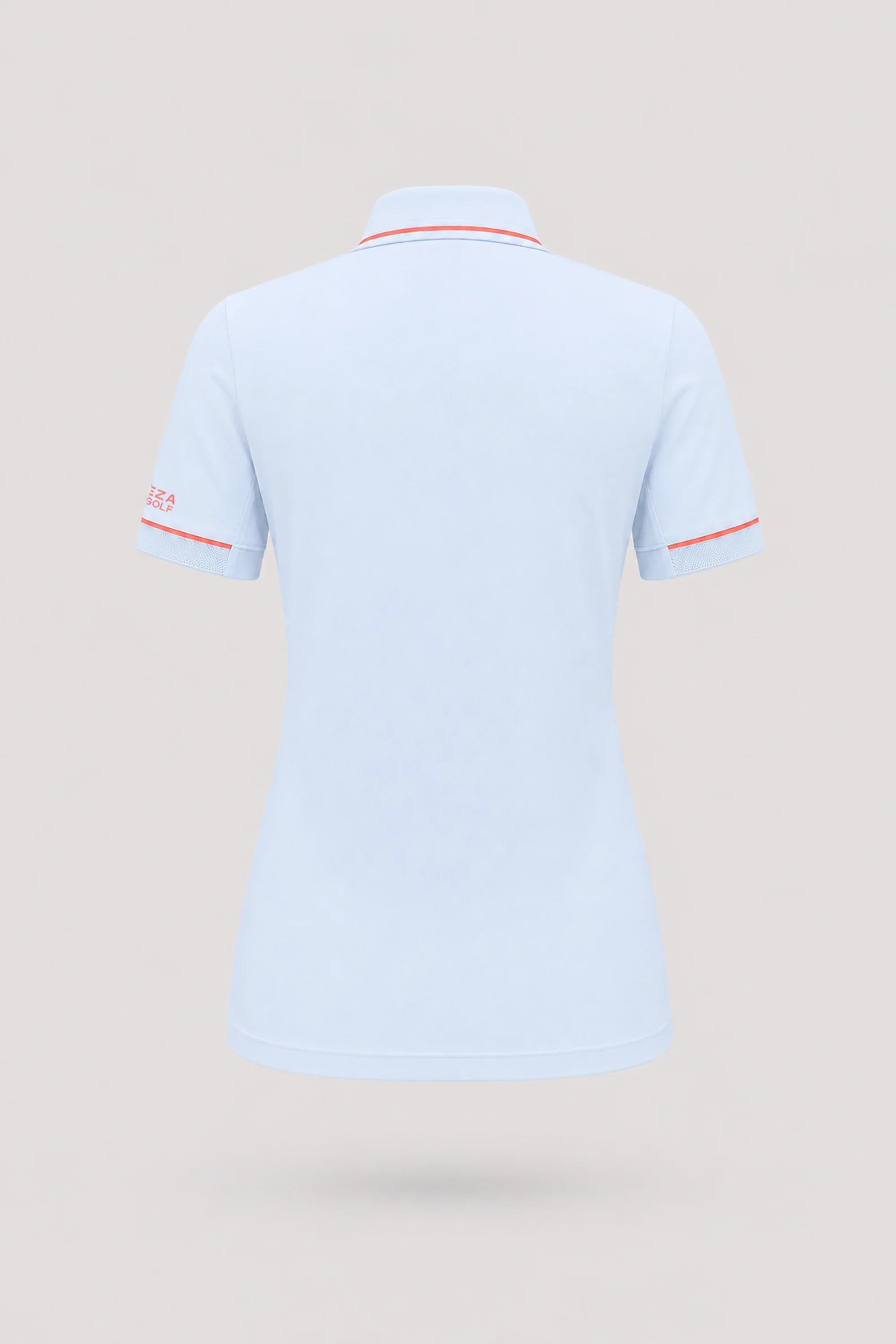 Back view of women's light blue golf polo with breathable mesh sleeve panels and tailored fit