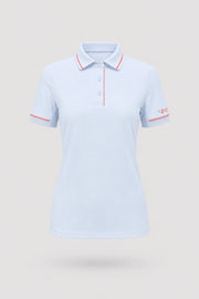 Women's light blue golf polo with contrast collar detailing and breathable performance fabric