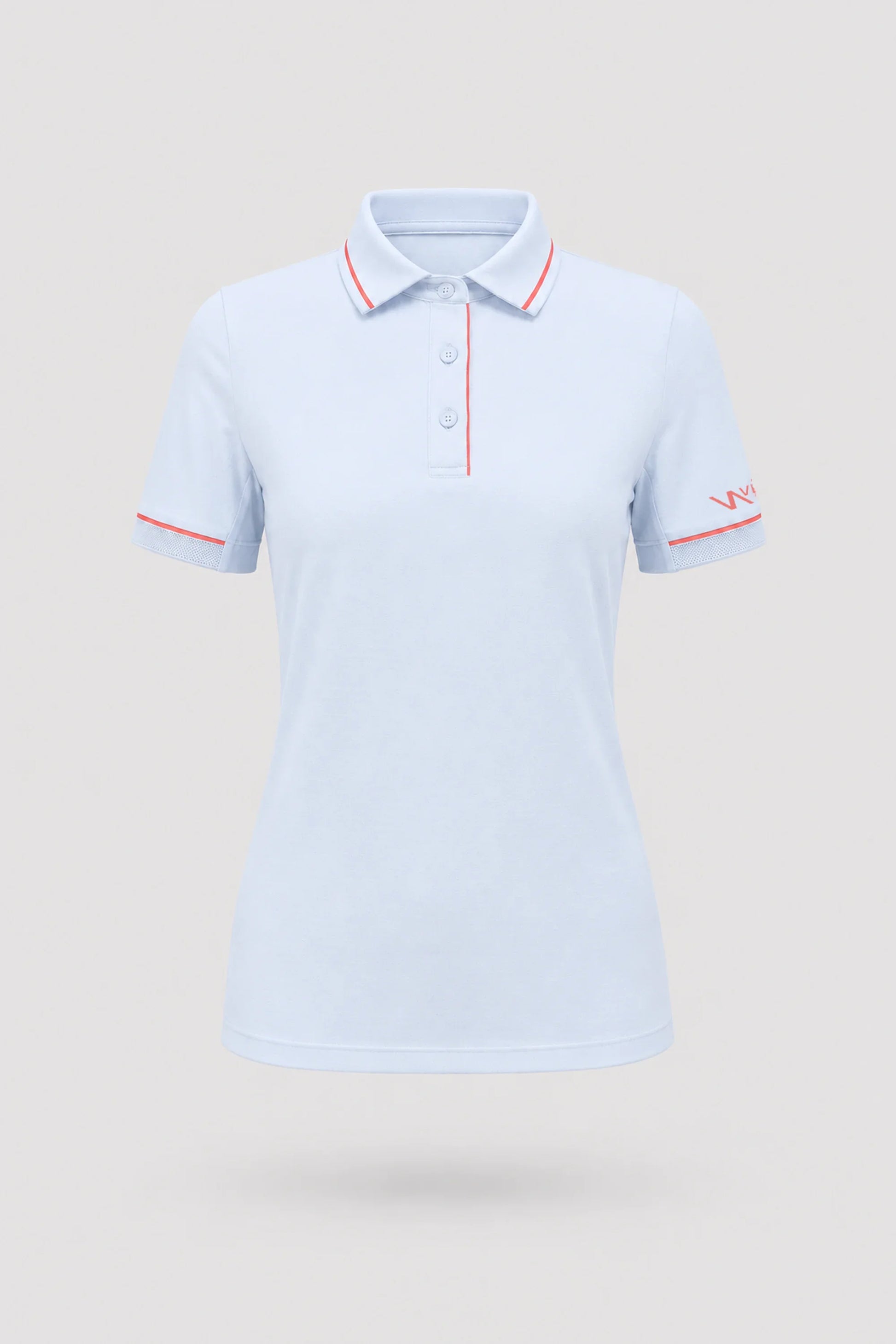 Women's light blue golf polo with contrast collar detailing and breathable performance fabric