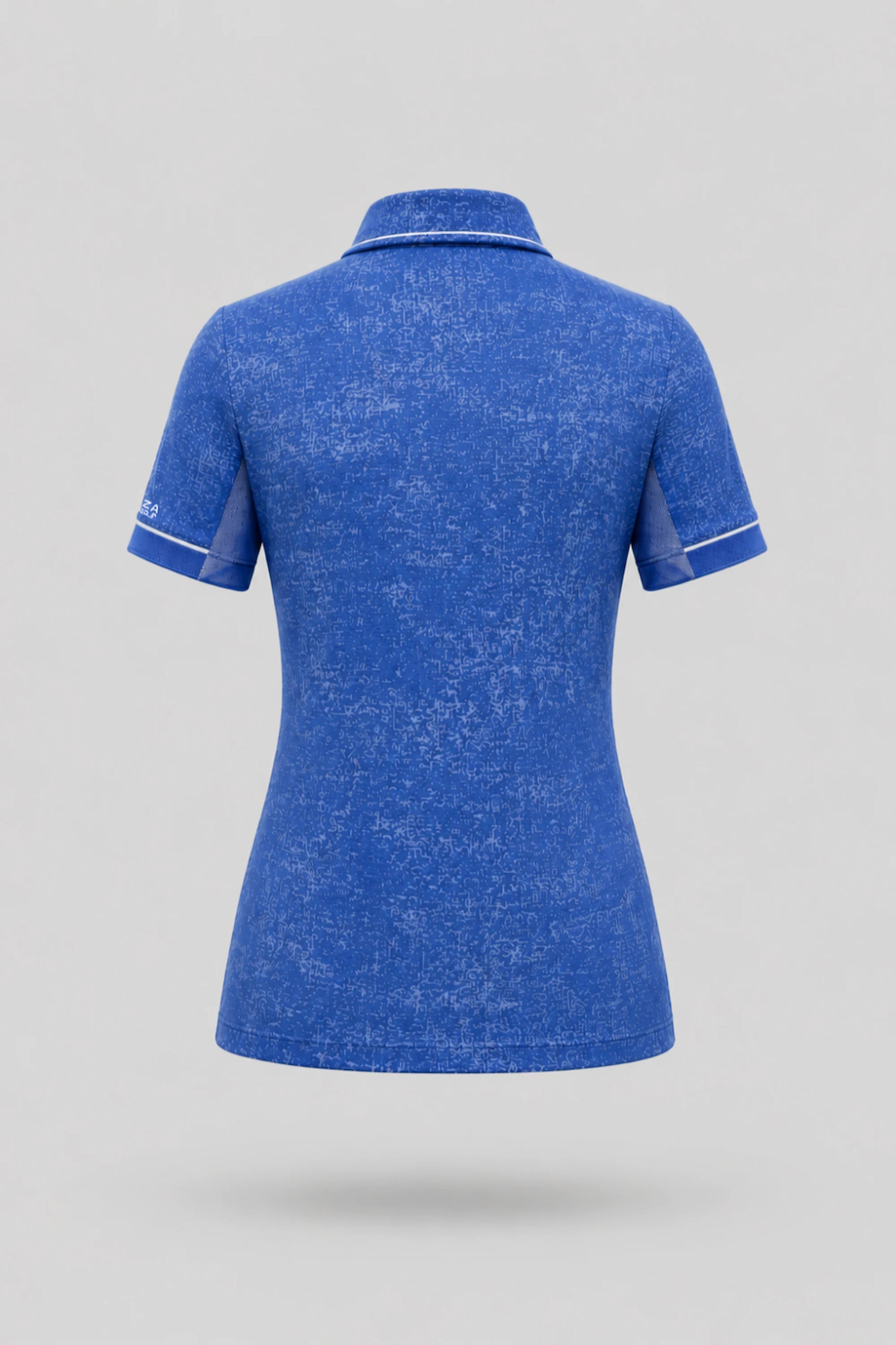 Back view of women's vintage blue golf polo with breathable mesh sleeve panels and athletic silhouette