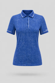 Women's vintage blue golf polo with tailored fit, contrast piping, and breathable performance fabric