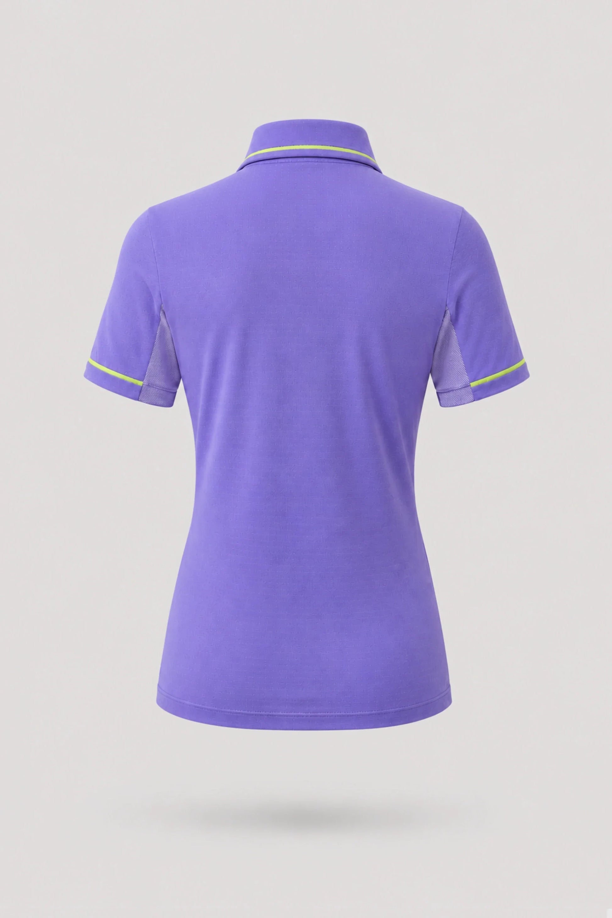 Back view of women's violet golf polo with breathable mesh sleeve panels and athletic silhouette