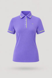 Women's violet golf polo with tailored fit, contrast trim detailing, and breathable performance fabric