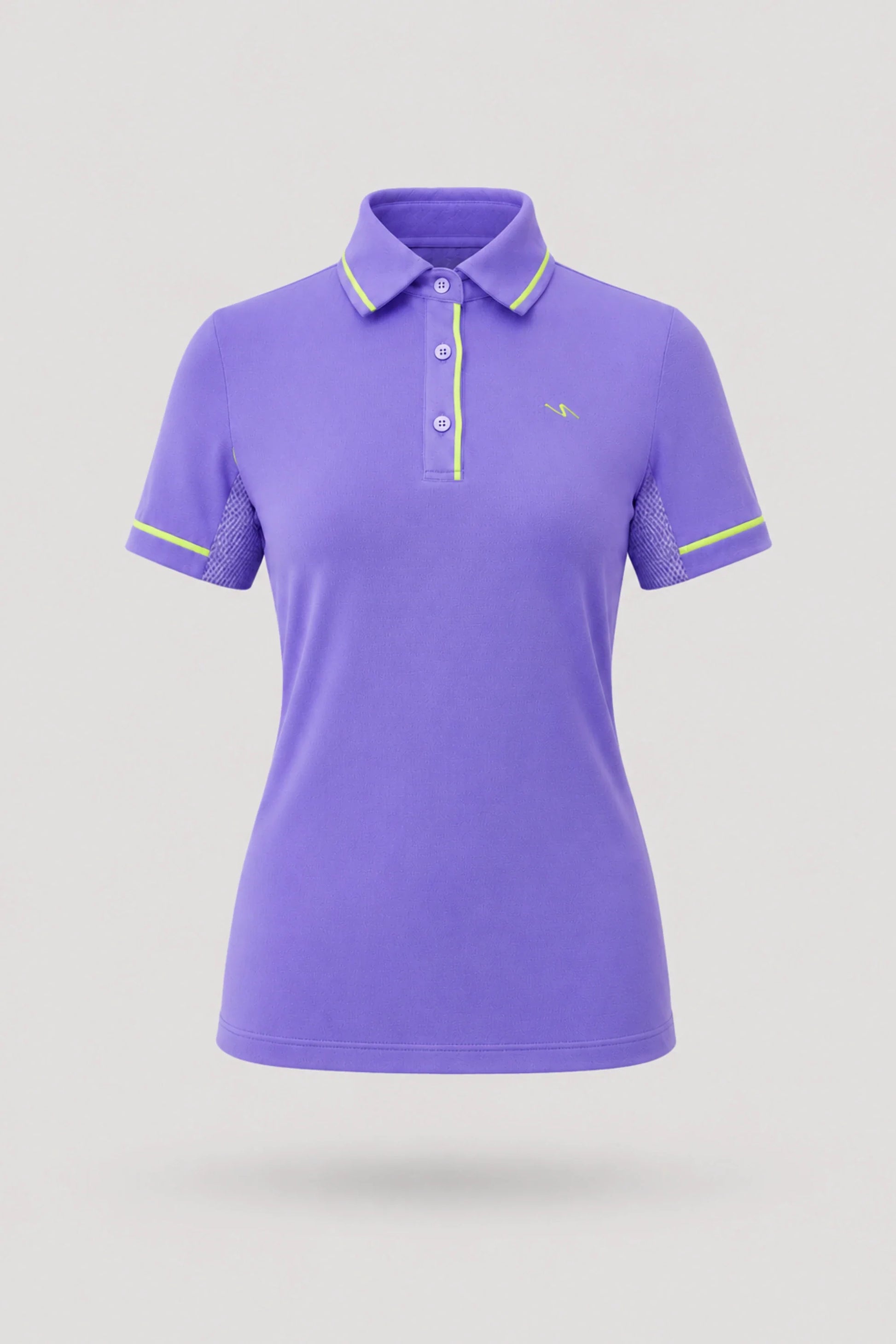 Women's violet golf polo with tailored fit, contrast trim detailing, and breathable performance fabric