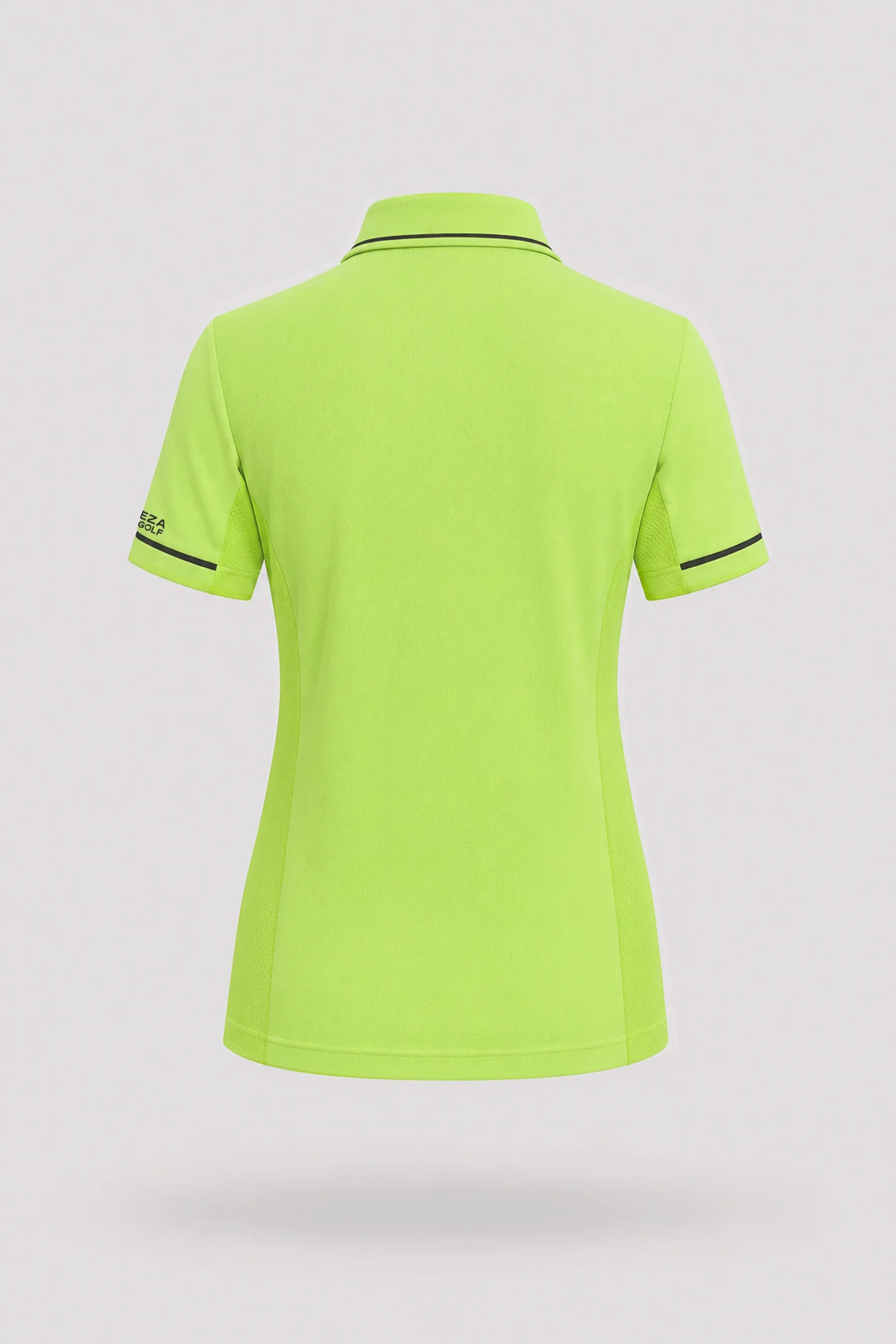 Back view of women's Volt Green golf polo with breathable mesh sleeve panels and stretch performance fabric