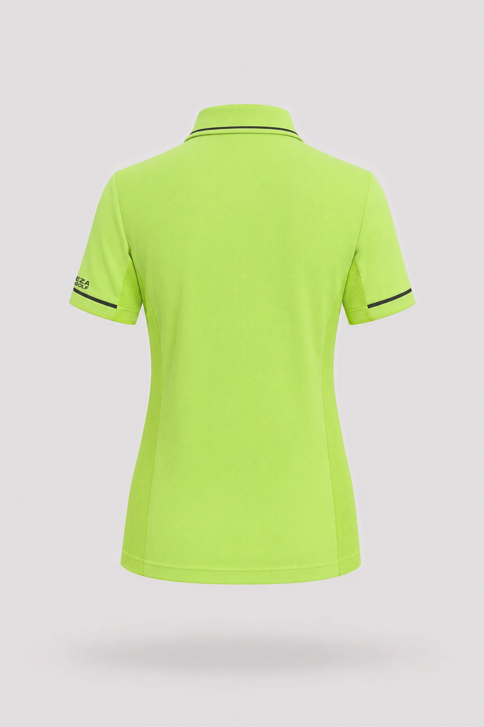 Back view of women's Volt Green golf polo with breathable mesh sleeve panels and stretch performance fabric