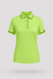 Women's Volt Green golf polo with tailored fit, contrast trim, and breathable mesh sleeve panels
