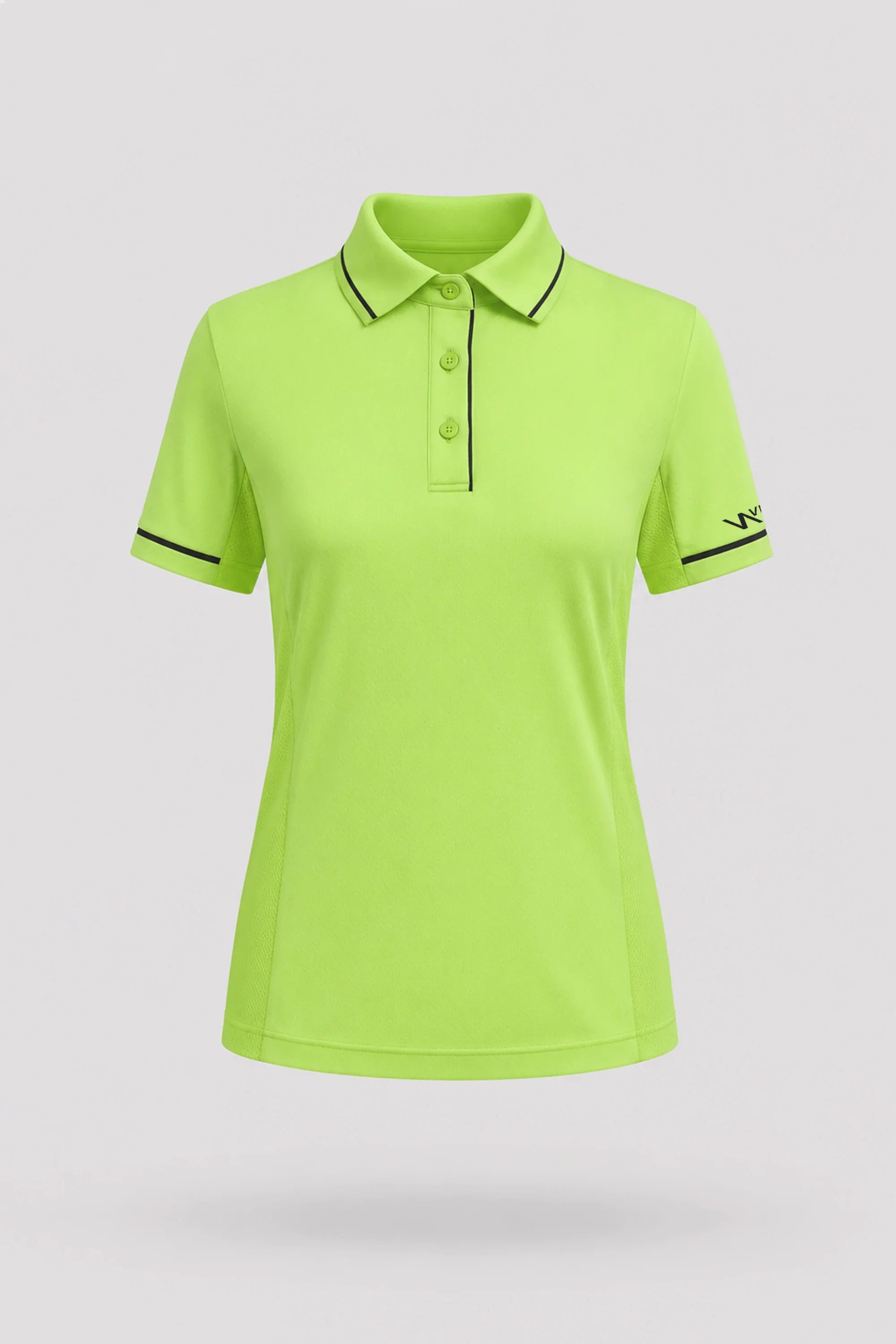 Women's Volt Green golf polo with tailored fit, contrast trim, and breathable mesh sleeve panels
