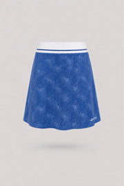 Women's vintage blue golf skort with A-line silhouette and comfortable wide waistband
