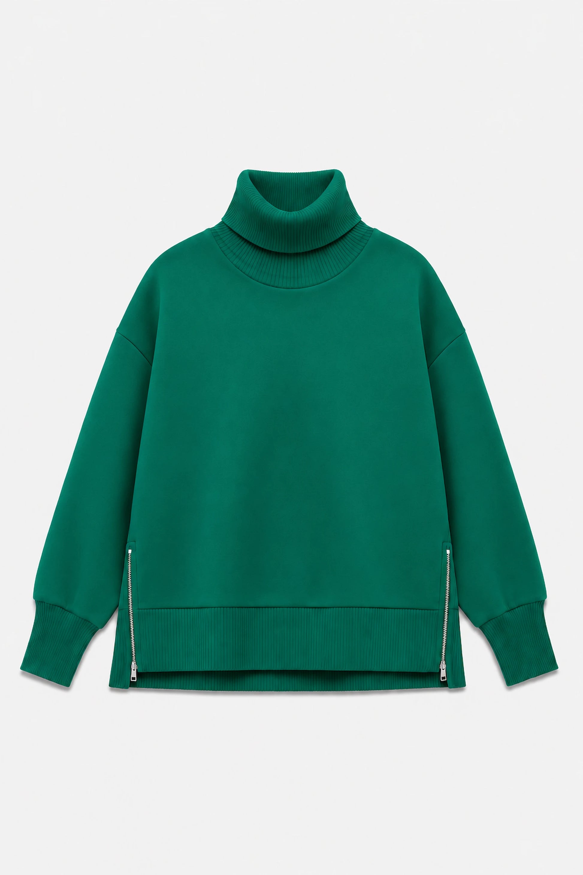 Front flat lay of women’s green funnel-neck pullover with side zipper detailing