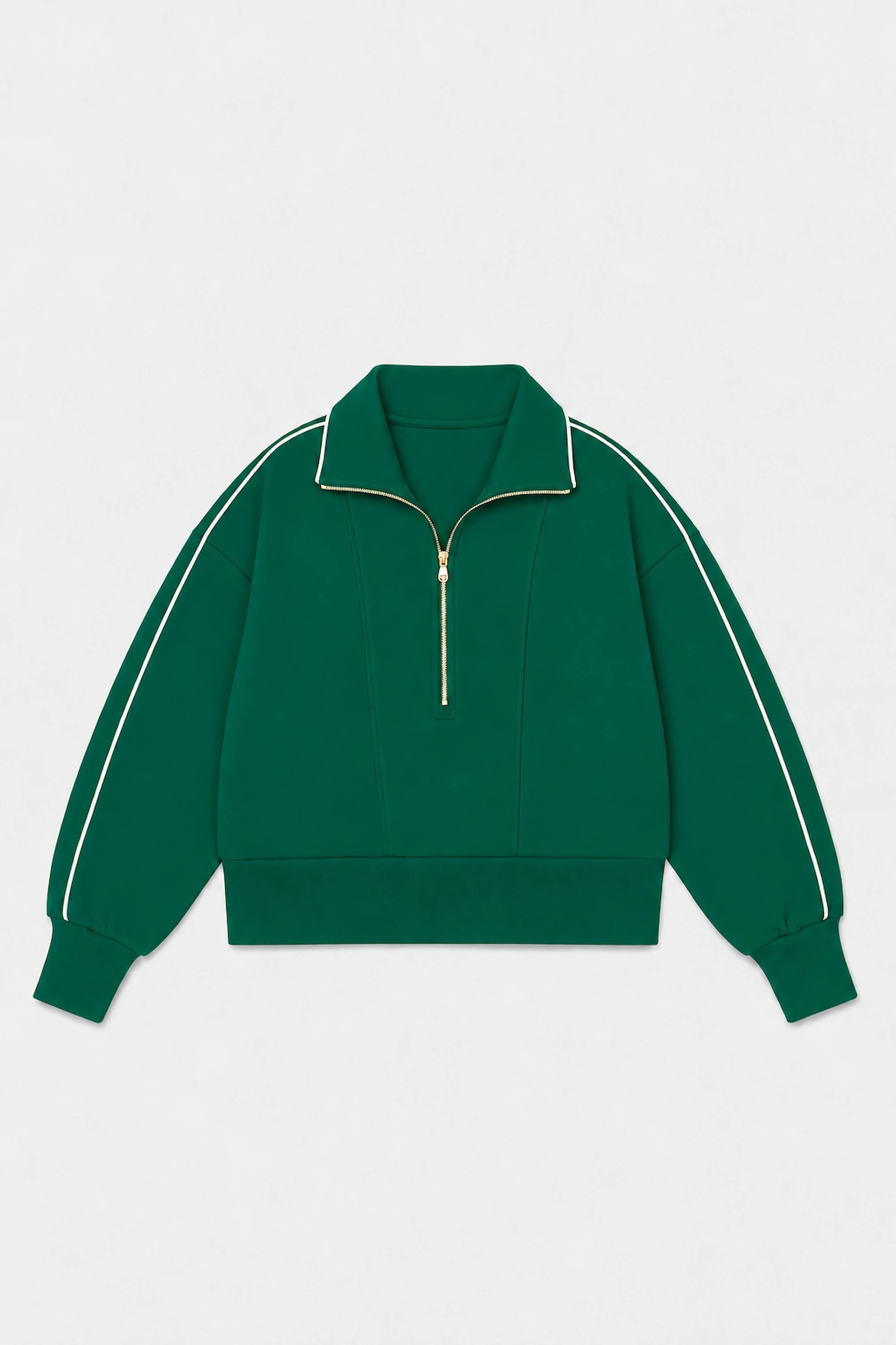 Front flat lay of VEZA women’s Deep Teal half-zip golf pullover featuring contrast white piping and a zip collar