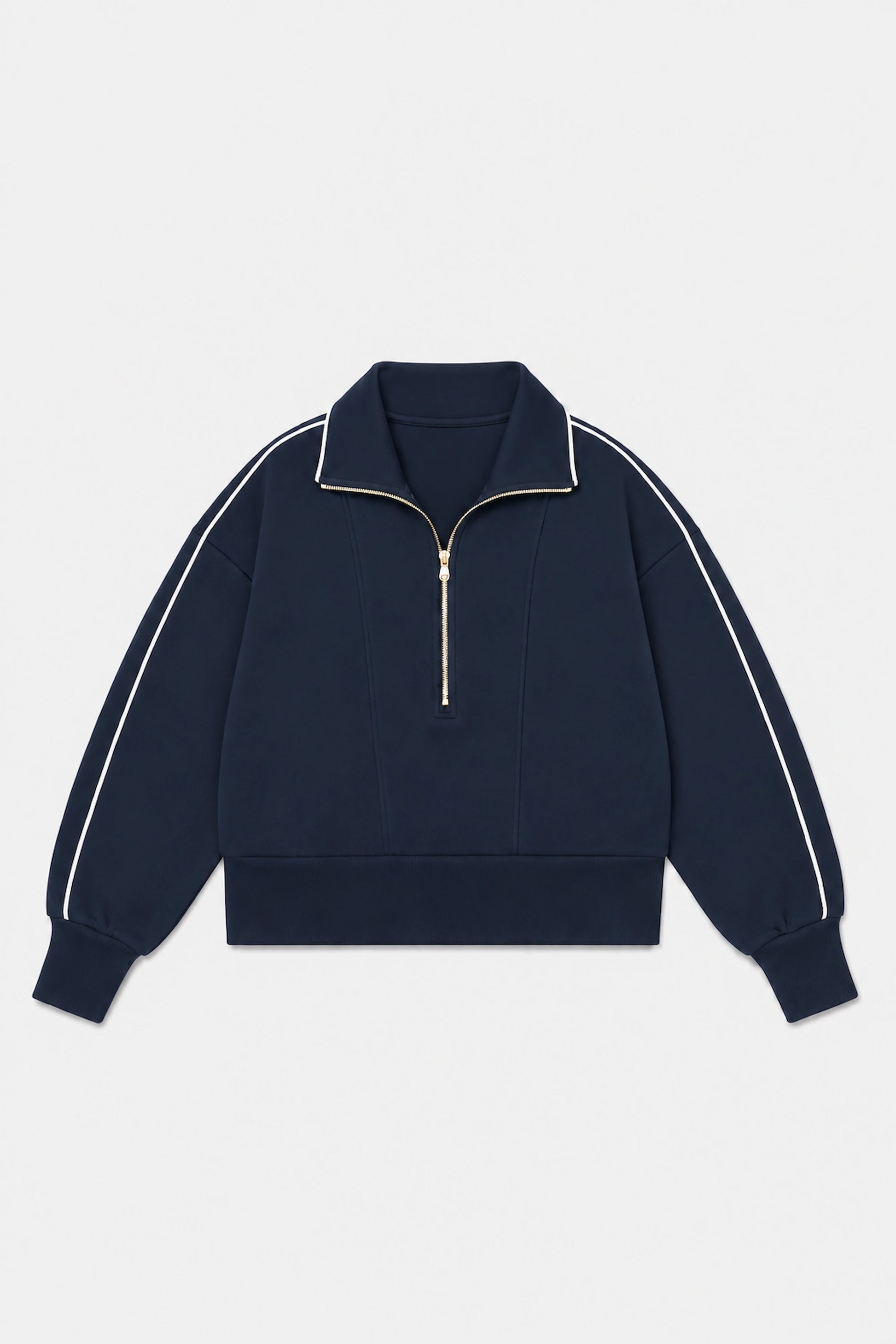 Front flat lay of women’s Midnight Navy half-zip golf pullover featuring contrast white piping and a zip collar