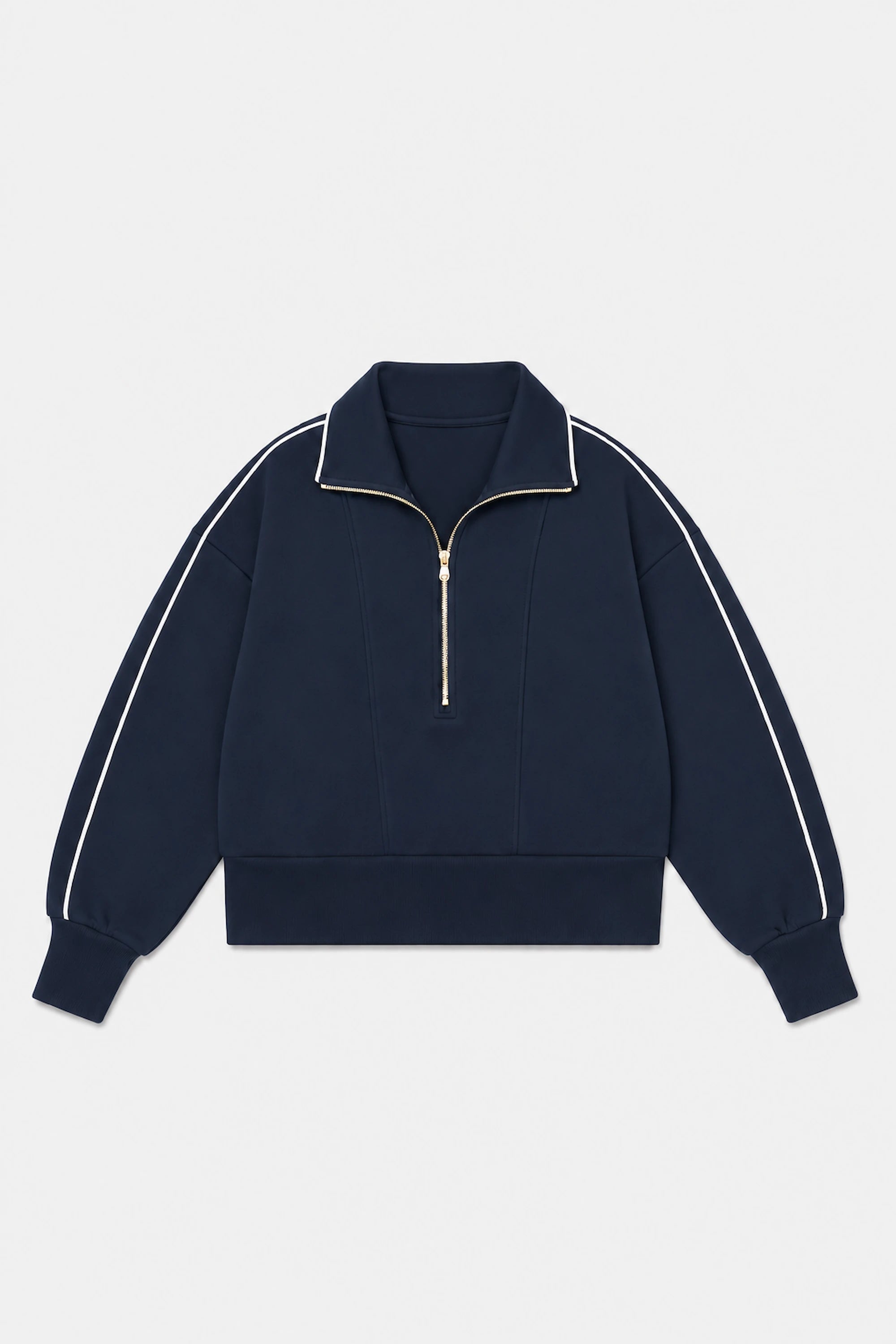 Front flat lay of VEZA women’s Midnight Navy half-zip golf pullover featuring contrast white piping and a zip collar