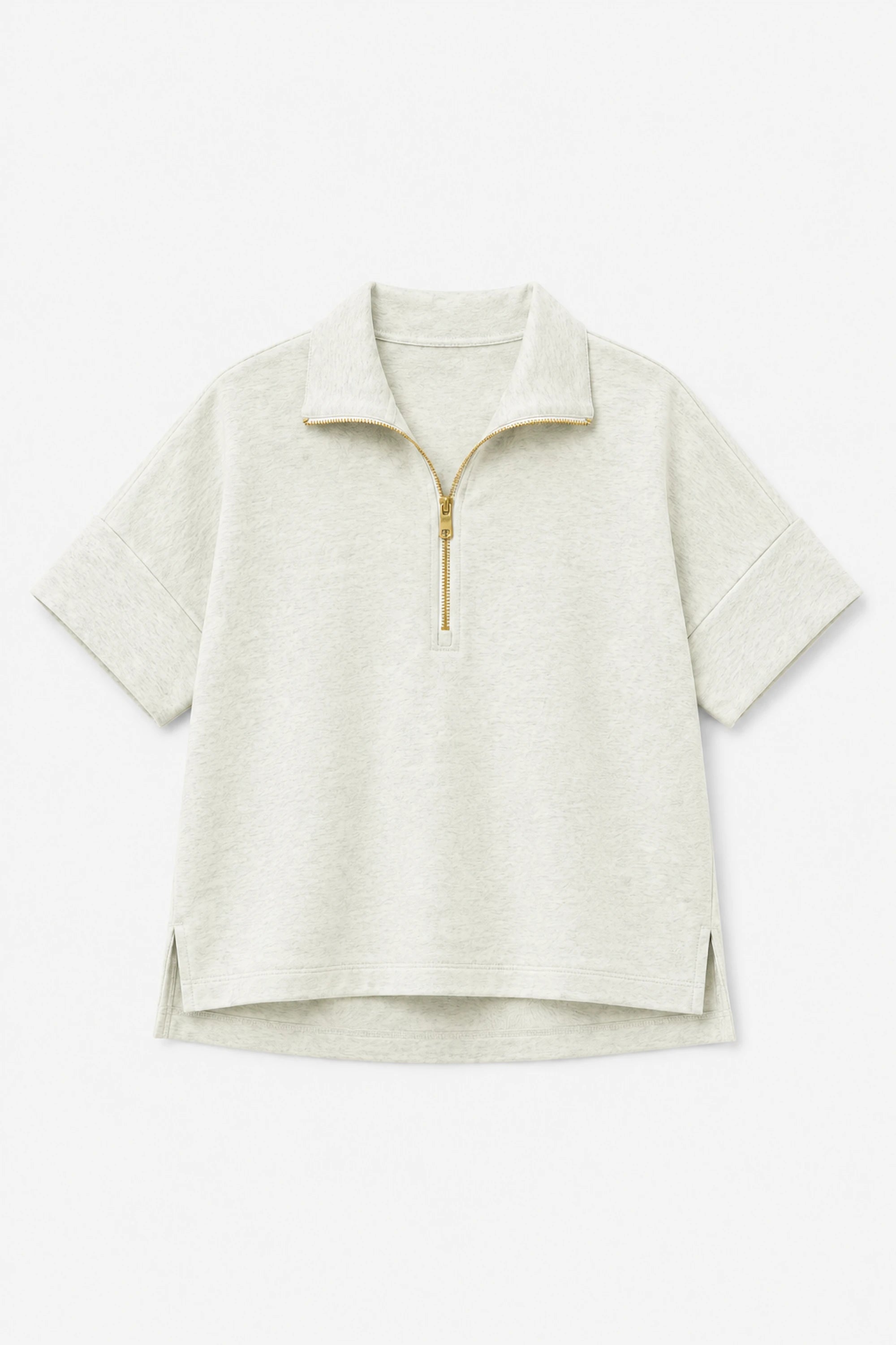 Women’s Heather Mist quarter-zip top with short sleeves and relaxed silhouette