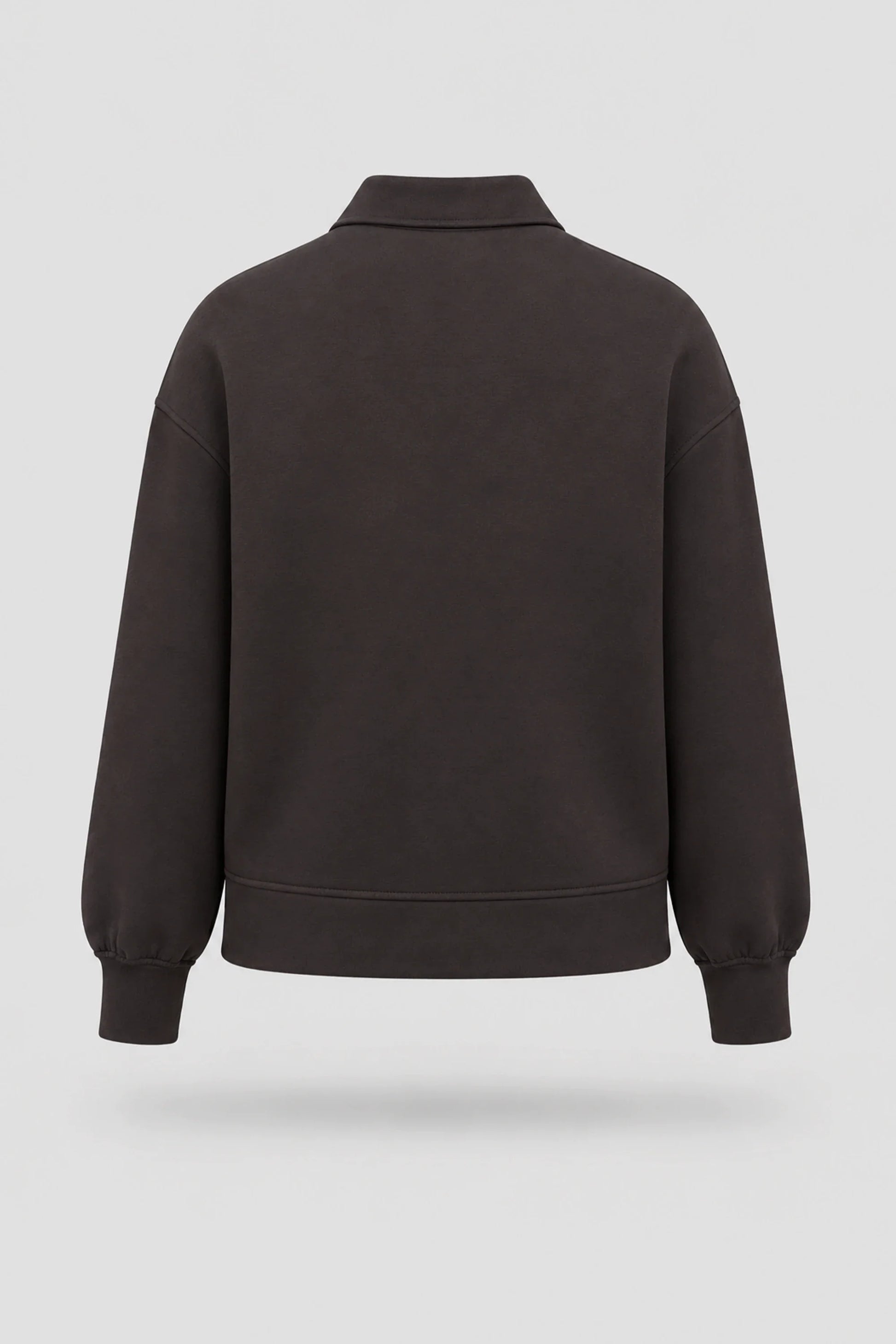 Back view of women's Coffee knit polo sweatshirt with rib-knit details and soft stretch fabric