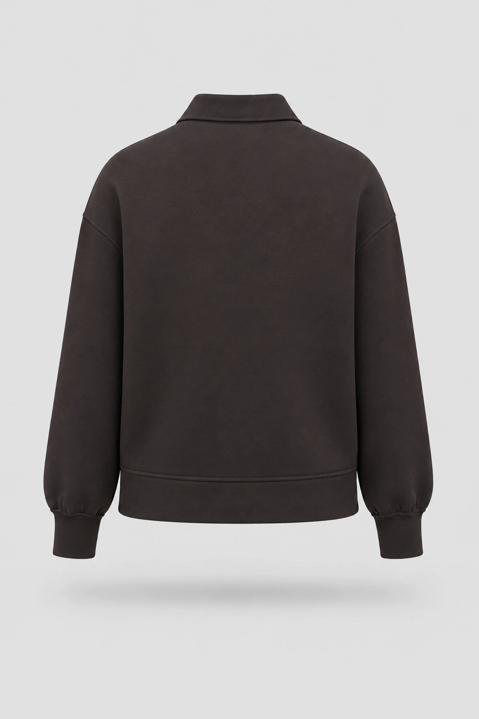 Back view of women's Coffee knit polo sweatshirt with rib-knit details and soft stretch fabric