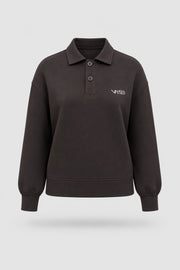 Women's Coffee knit polo sweatshirt with classic collar, button placket, and relaxed layering silhouette
