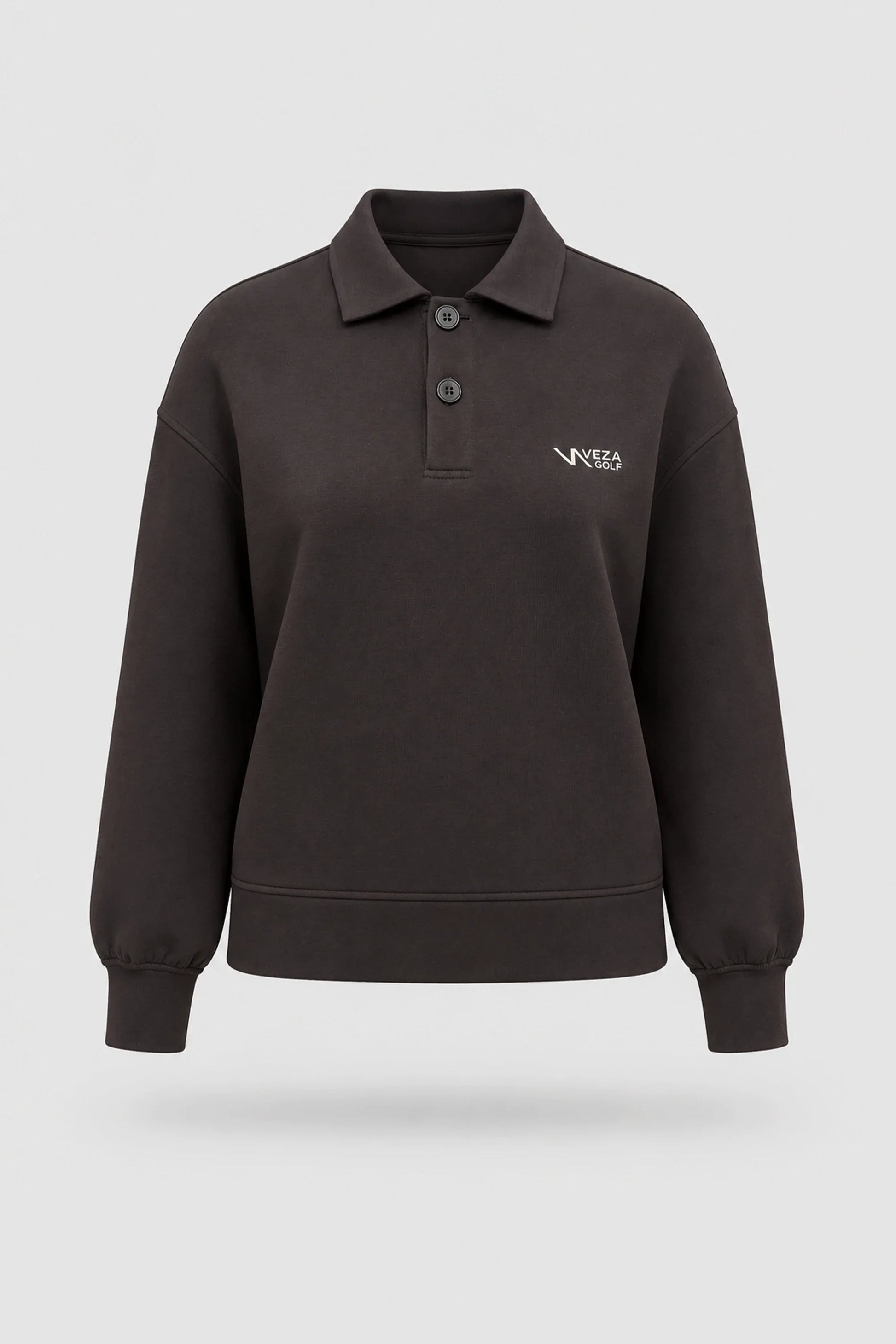 Women's Coffee knit polo sweatshirt with classic collar, button placket, and relaxed layering silhouette