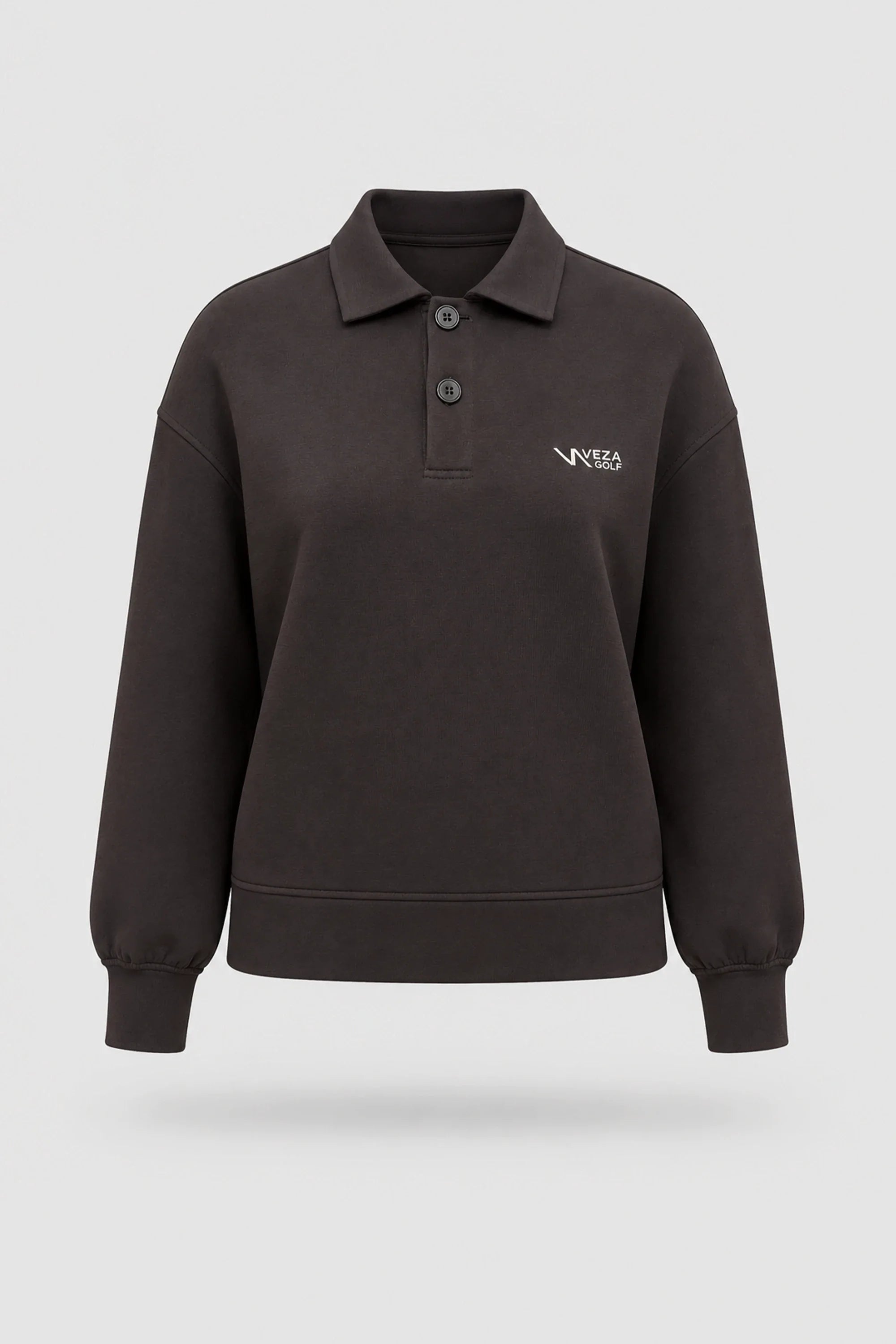 Women's Coffee knit polo sweatshirt with classic collar, button placket, and relaxed layering silhouette