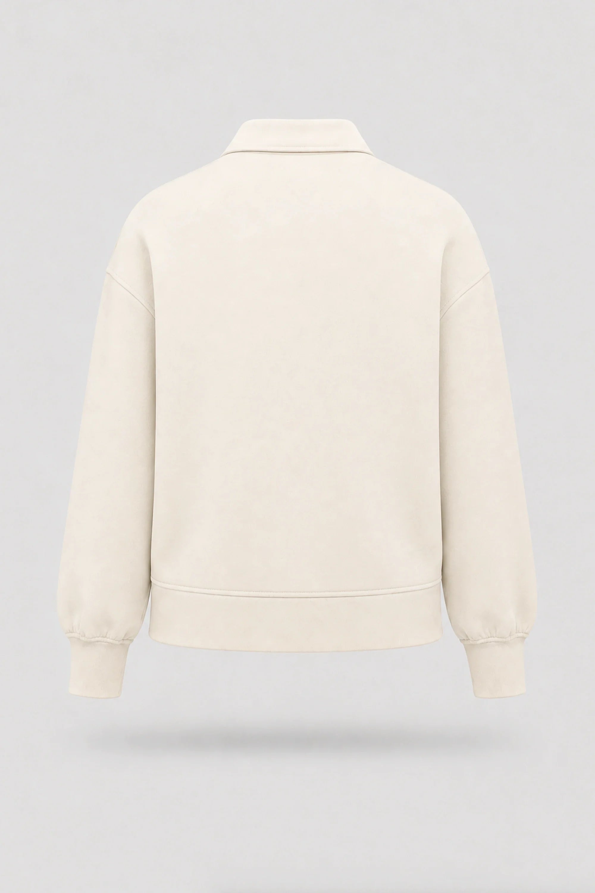 Back view of women's Ivory knit polo sweatshirt with rib-knit details and soft stretch fabric