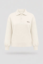 Women's Ivory knit polo sweatshirt with classic collar, button placket, and relaxed layering silhouette