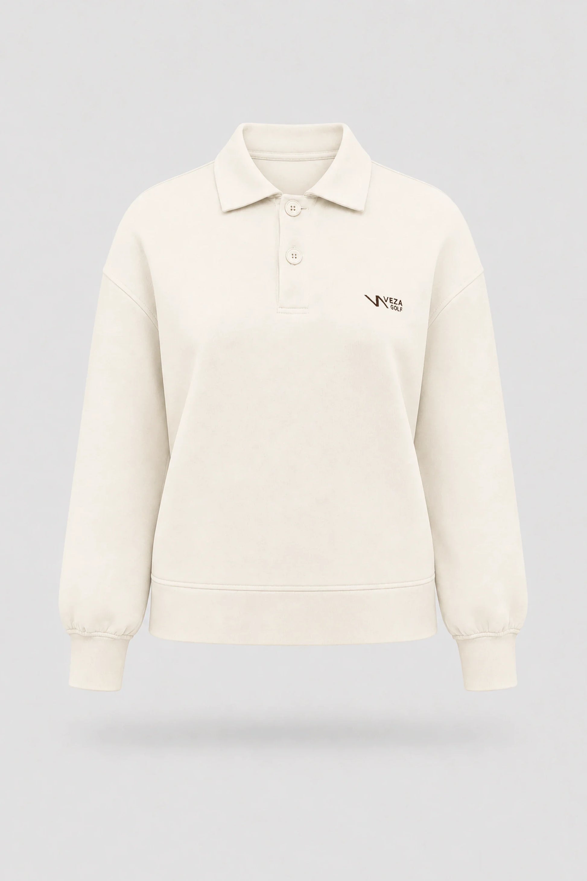 Women's Ivory knit polo sweatshirt with classic collar, button placket, and relaxed layering silhouette