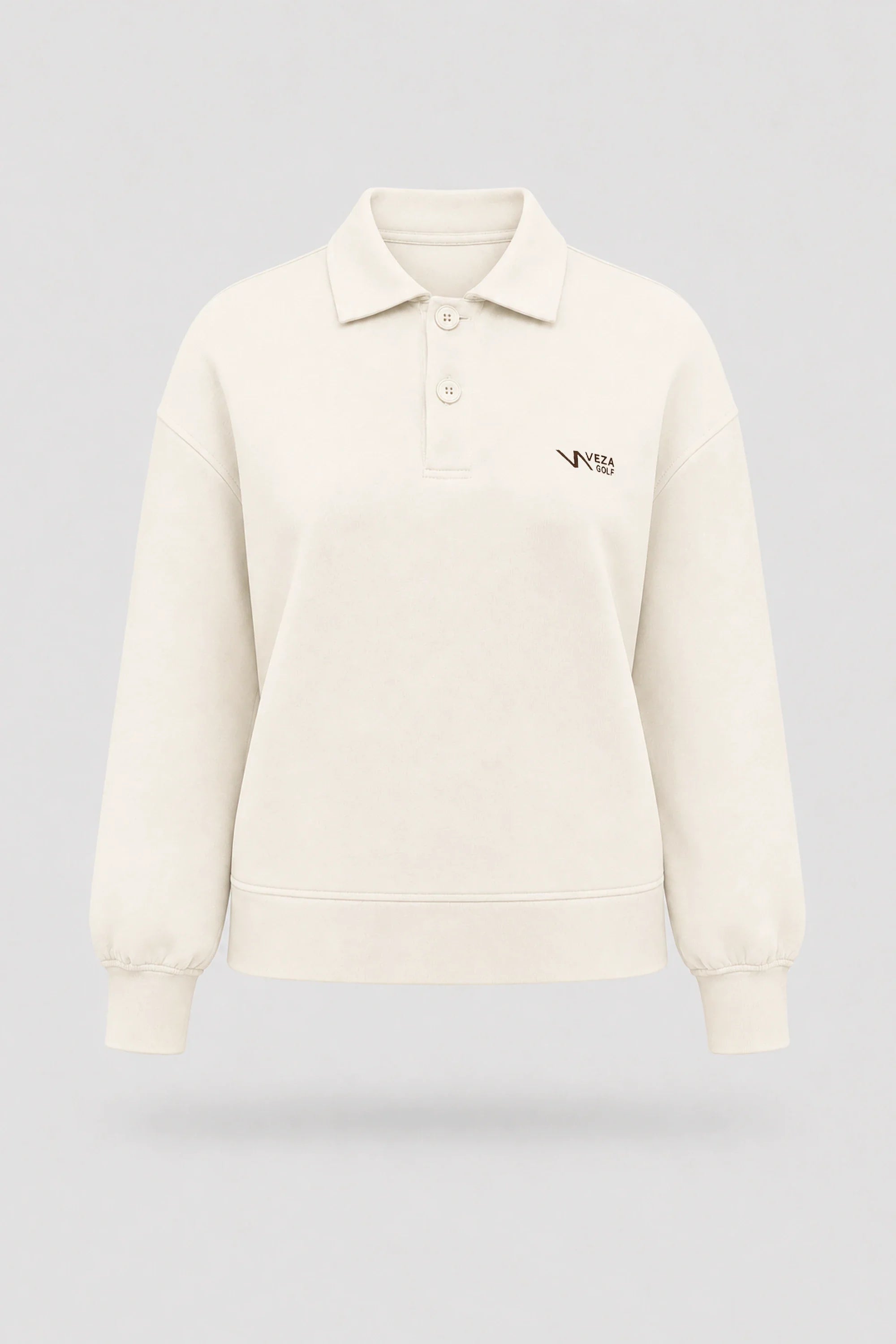 Women's Ivory knit polo sweatshirt with classic collar, button placket, and relaxed layering silhouette