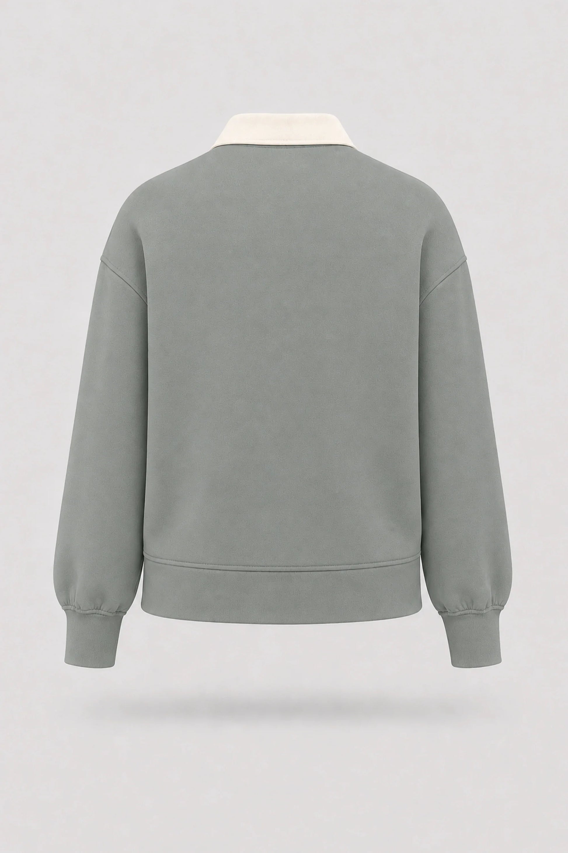 Back view of women's Sage Grey knit polo sweatshirt with rib-knit details and soft stretch fabric